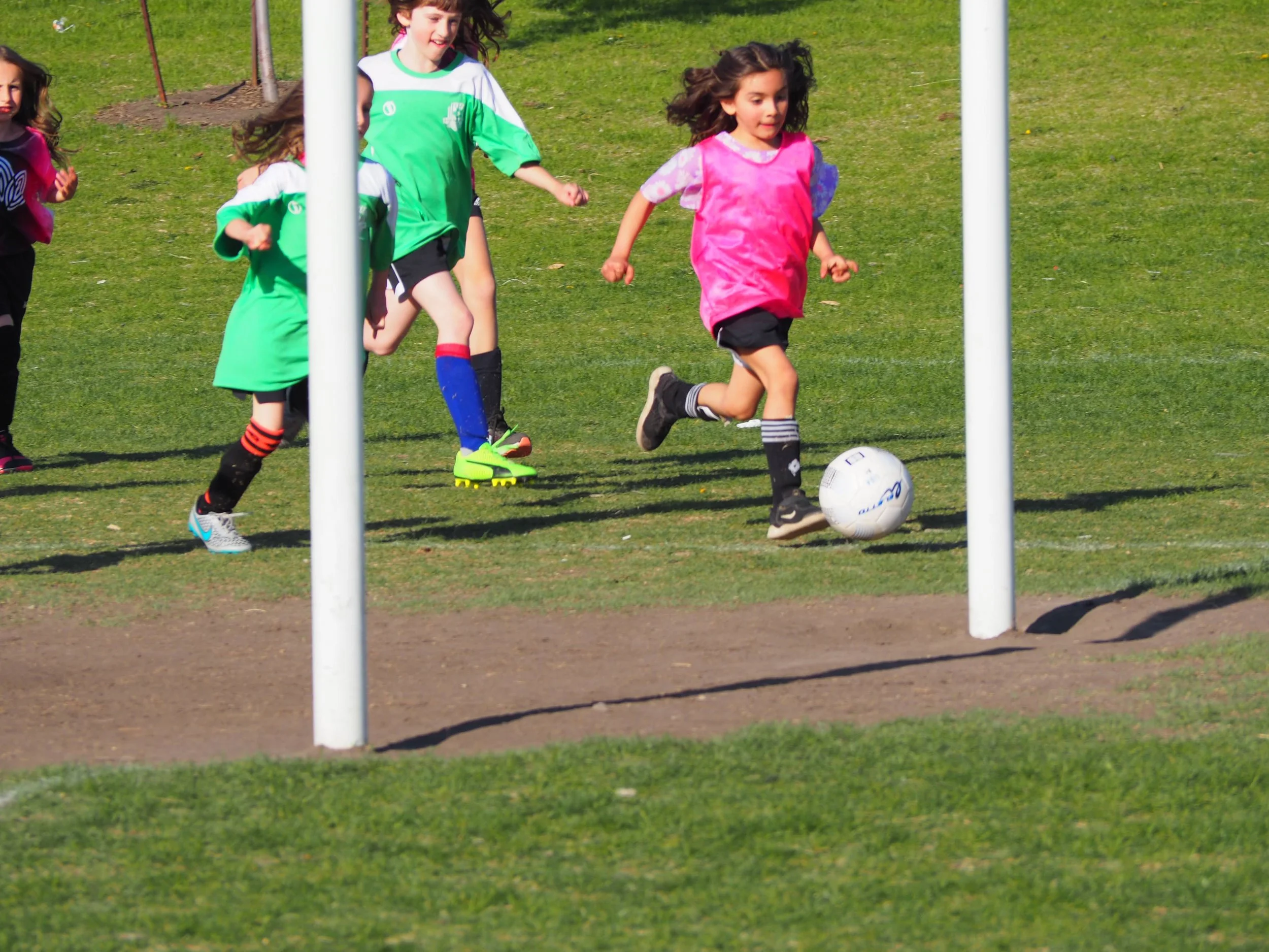 Young girls playing soccer outdoors on a grassy field, with one girl kicking a ball near a goalpost.