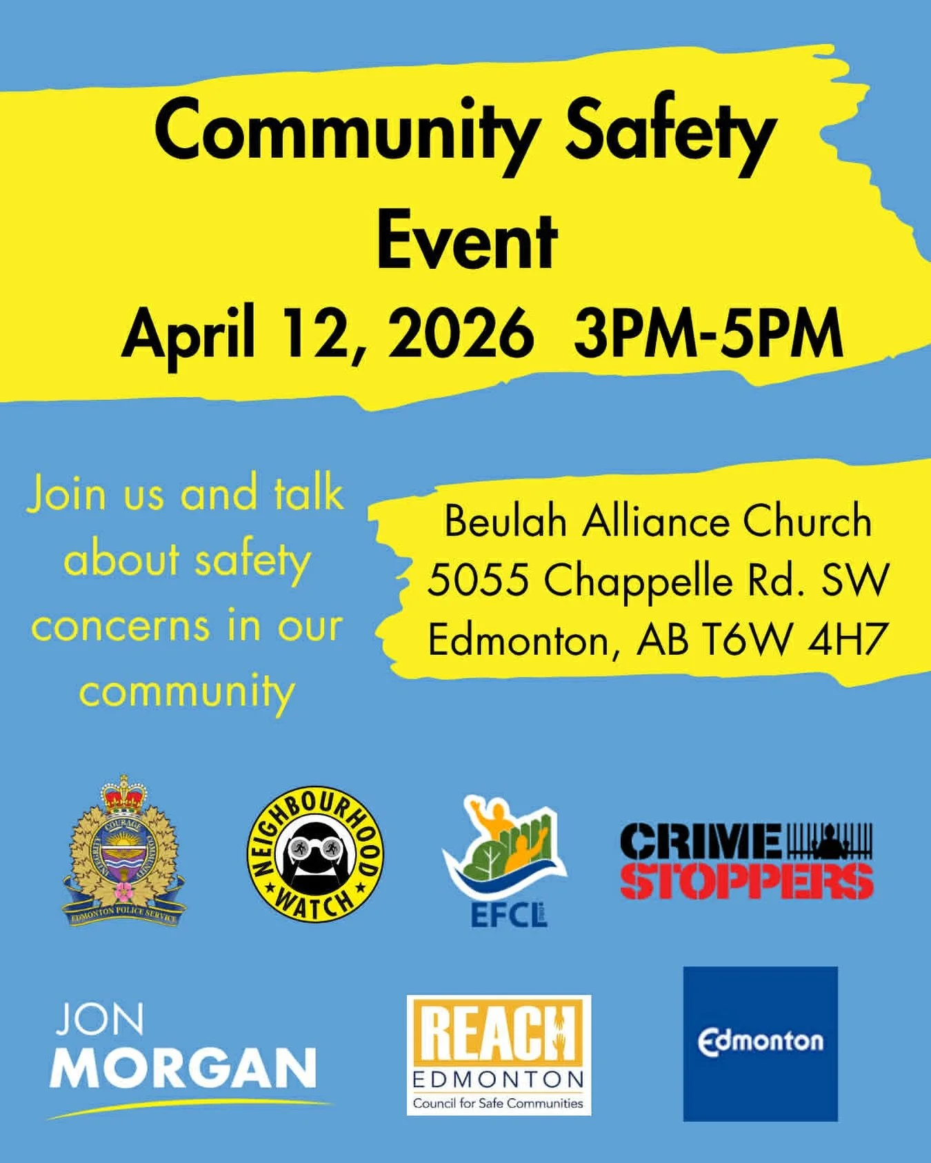 🚨 Community Safety Event &ndash; Join Us! 🚨

The Chappelle Community League is proud to be participating in this important Community Safety Event hosted by City Councillor Jon Morgan&mdash;and we&rsquo;d love to see you there!

📅 Date: Sunday, Apr