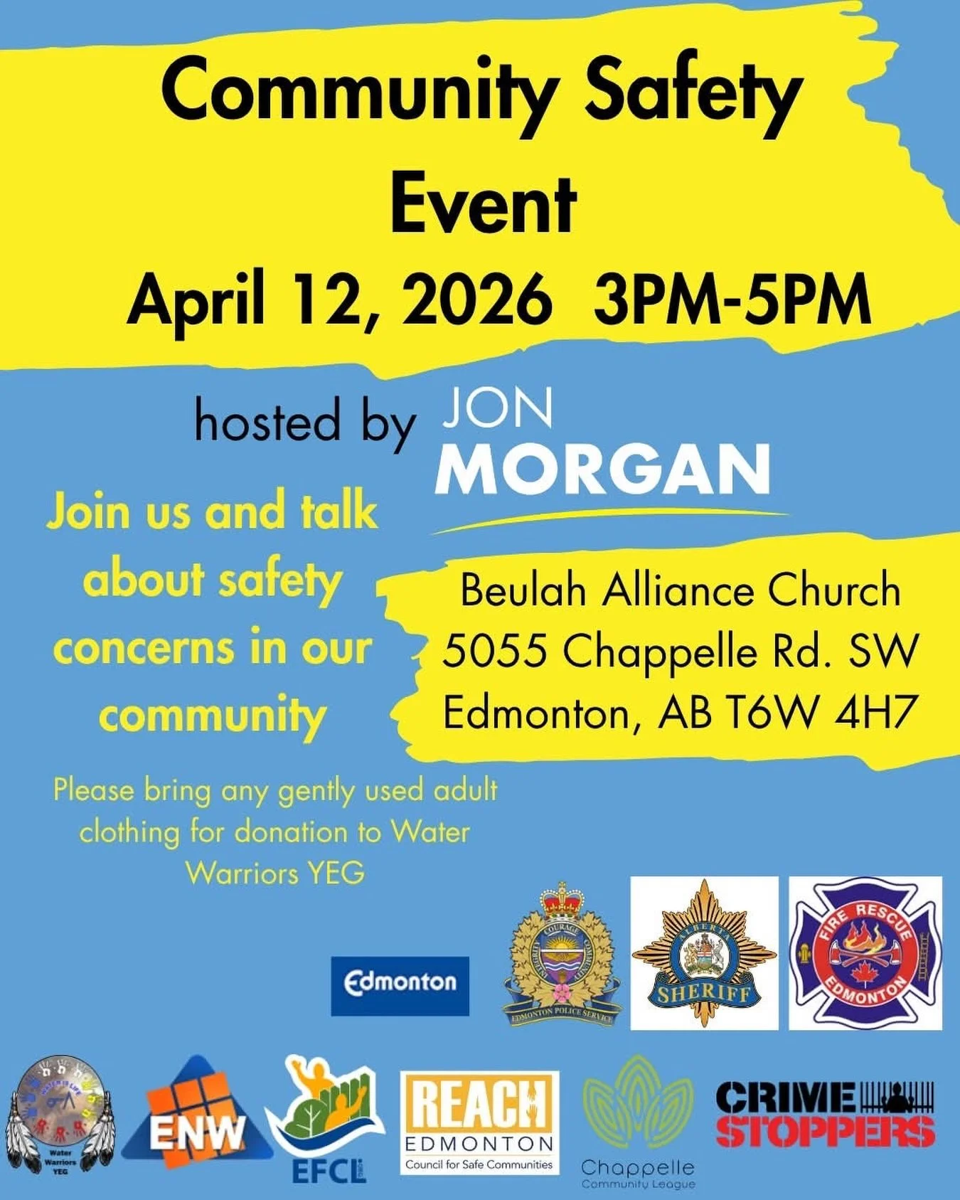 🚨 Community Safety Event &ndash; Join Us! 🚨

The Chappelle Community League is proud to be participating in this important Community Safety Event hosted by City Councillor Jon Morgan&mdash;and we&rsquo;d love to see you there!

📅 Date: Sunday, Apr