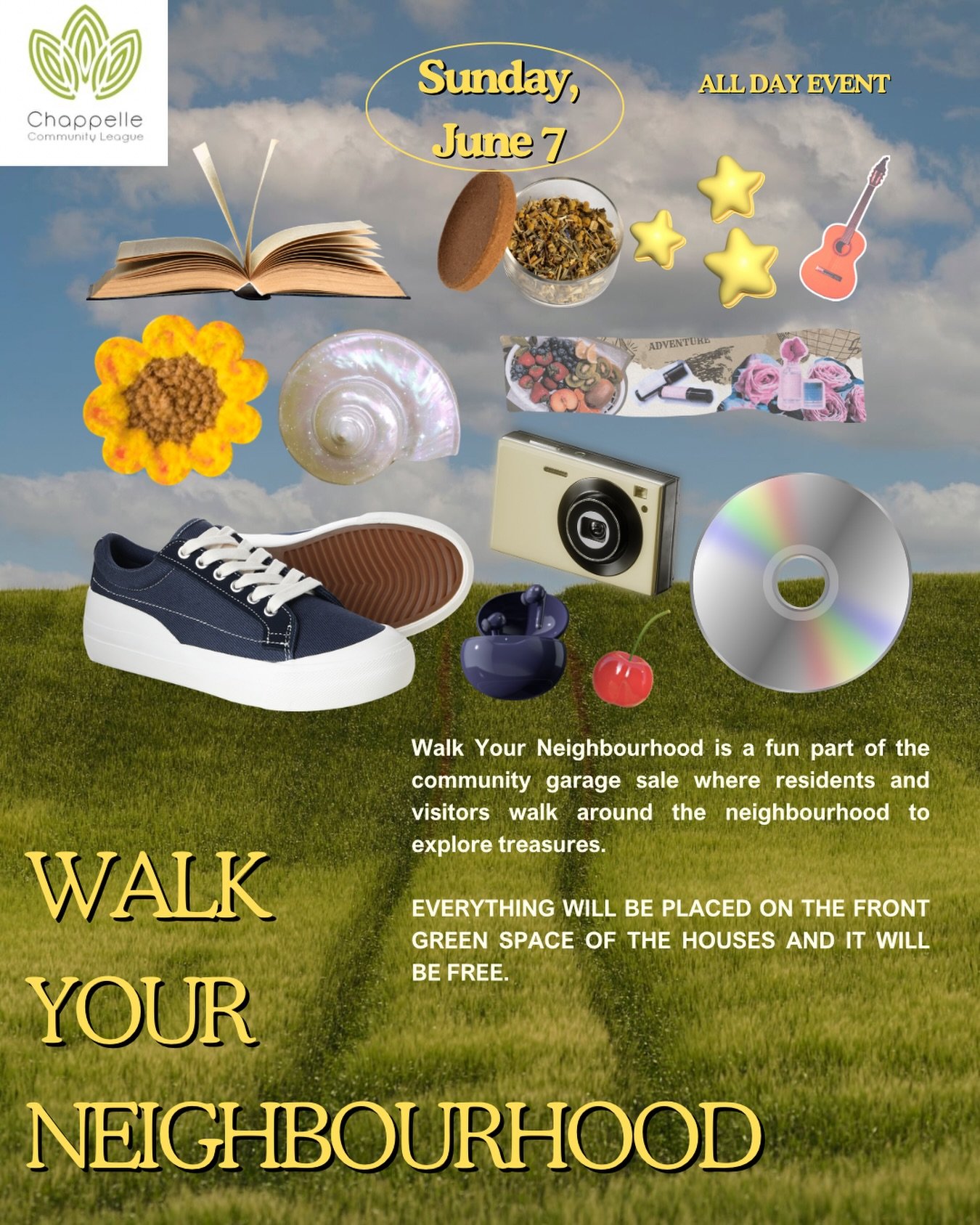 Walk Your Neighbourhood is a fun part of the community garage sale where residents and visitors walk around the neighbourhood to explore participating homes, and enjoy the community atmosphere. 

Everything will be placed on the front green space of 