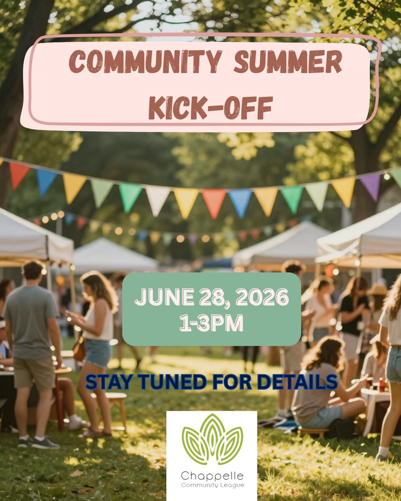 ☀️ SAVE THE DATE! ☀️

The Chappelle Community League is excited to kick off summer with a fun-filled afternoon for the whole family!

📅 June 28, 2026
⏰ 1:00 PM &ndash; 3:00 PM
📍 Prime Pizza Parking Lot
404 Chappelle Drive

Join us for games, activi