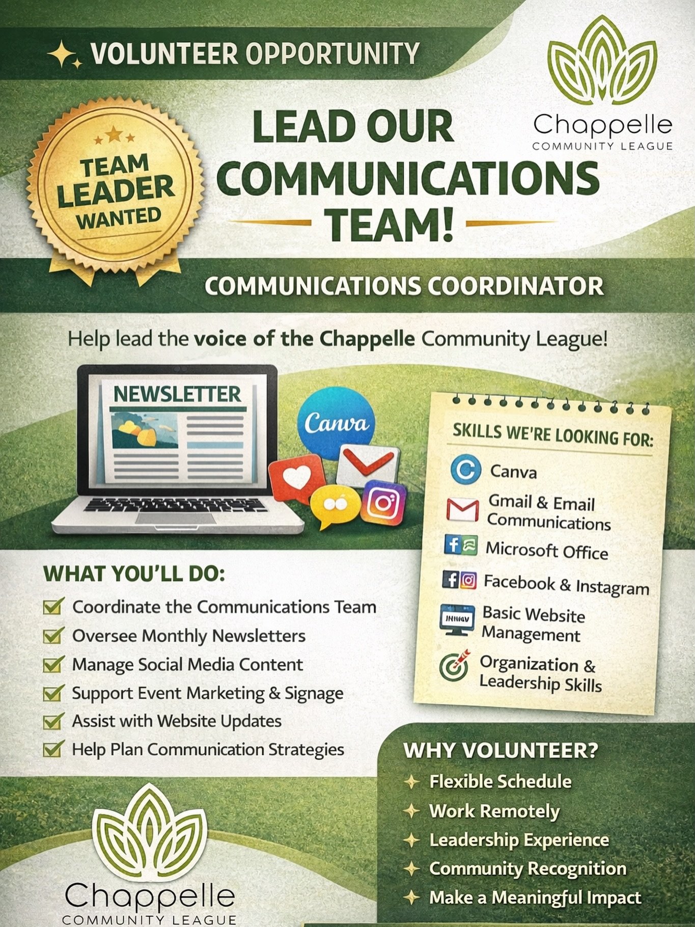 VOLUNTEER OPPORTUNITY

COMMUNICATIONS COORDINATOR

We&rsquo;re looking for an organized, creative, and self-motivated volunteer to coordinate our communications team and help keep our community informed and engaged.

WHAT YOU&rsquo;LL DO:
✅ Coordinat