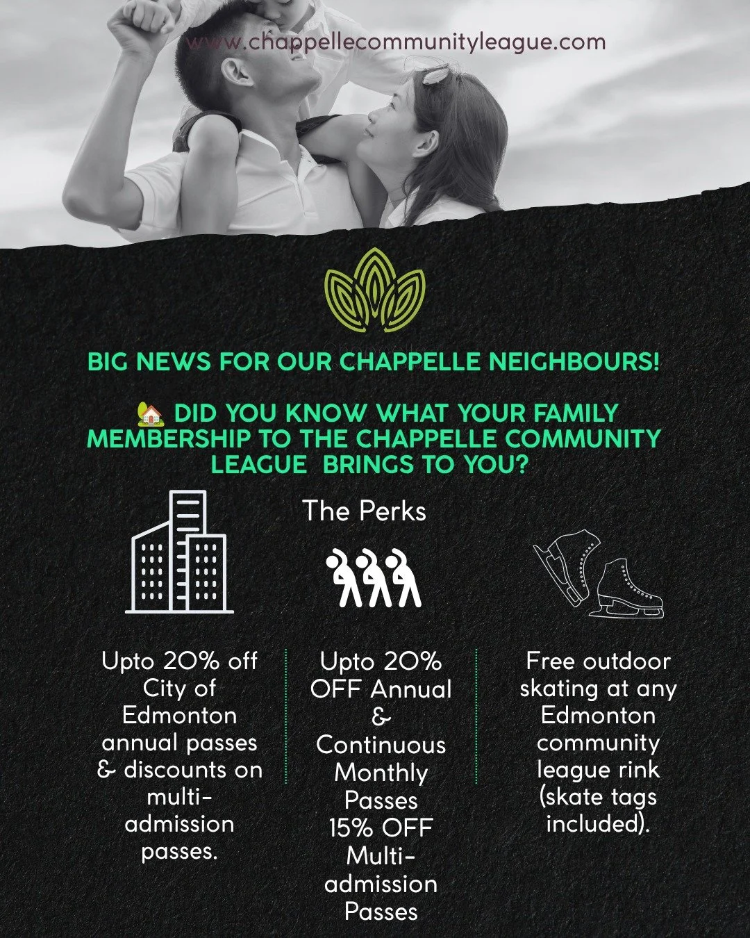 Big news for our Chappelle neighbors! 🏡

Join the Chappelle Community League and enjoy amazing perks like up to 20% off annual and monthly passes, plus 15% off multi-admission passes. 
Your membership also includes free outdoor skating at any Edmont