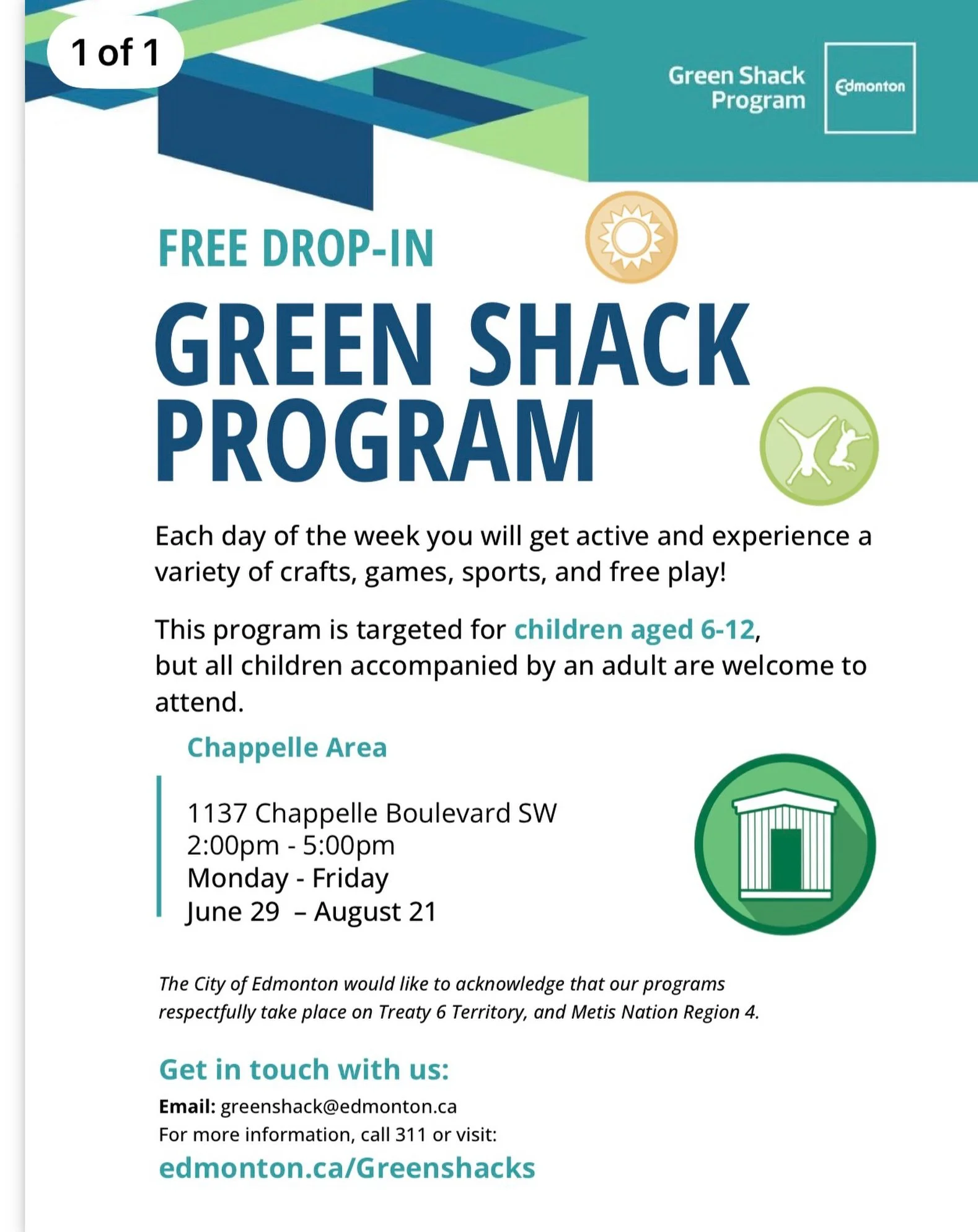 🌳☀️ Looking for FREE summer fun for the kids? The City of Edmonton&rsquo;s Green Shack Program is back! 🎨⚽🎭

Green Shack is a free drop-in program designed primarily for children ages 6&ndash;12, but all ages are welcome to join in the fun. Expect