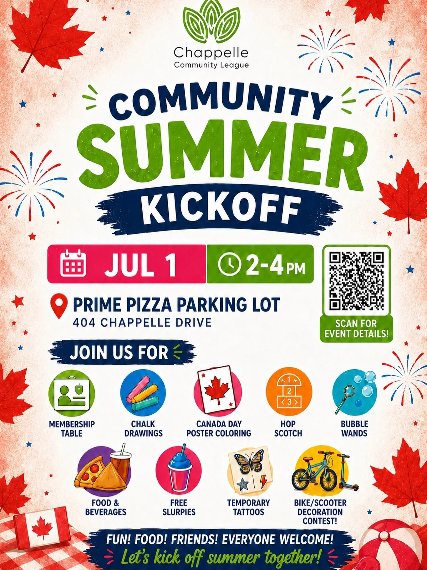 🎉 Community Summer Kickoff &ndash; Rescheduled! 🎉

Due to the weather, we&rsquo;ve moved our Community Summer Kickoff to 
📅 Wednesday , July 1 
🕑 2:00&ndash;4:00 PM 
Location: Prime Pizza Parking Lot 
(404 Chappelle Drive)

Join us for an afterno