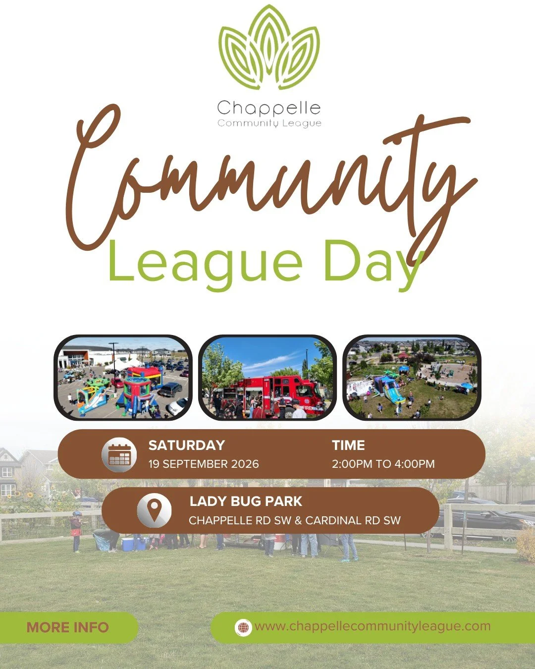 🌳 COMMUNITY LEAGUE DAY 2026!🎉

Join us for a *Picnic in the Park* on Saturday, September 19 from 2&ndash;4 PM at 📍Ladybug Park (Chappelle Rd SW &amp; Cardinal Rd SW)

Bring your lawn chairs or picnic blankets and enjoy an afternoon of:
🧺 Picnic-i
