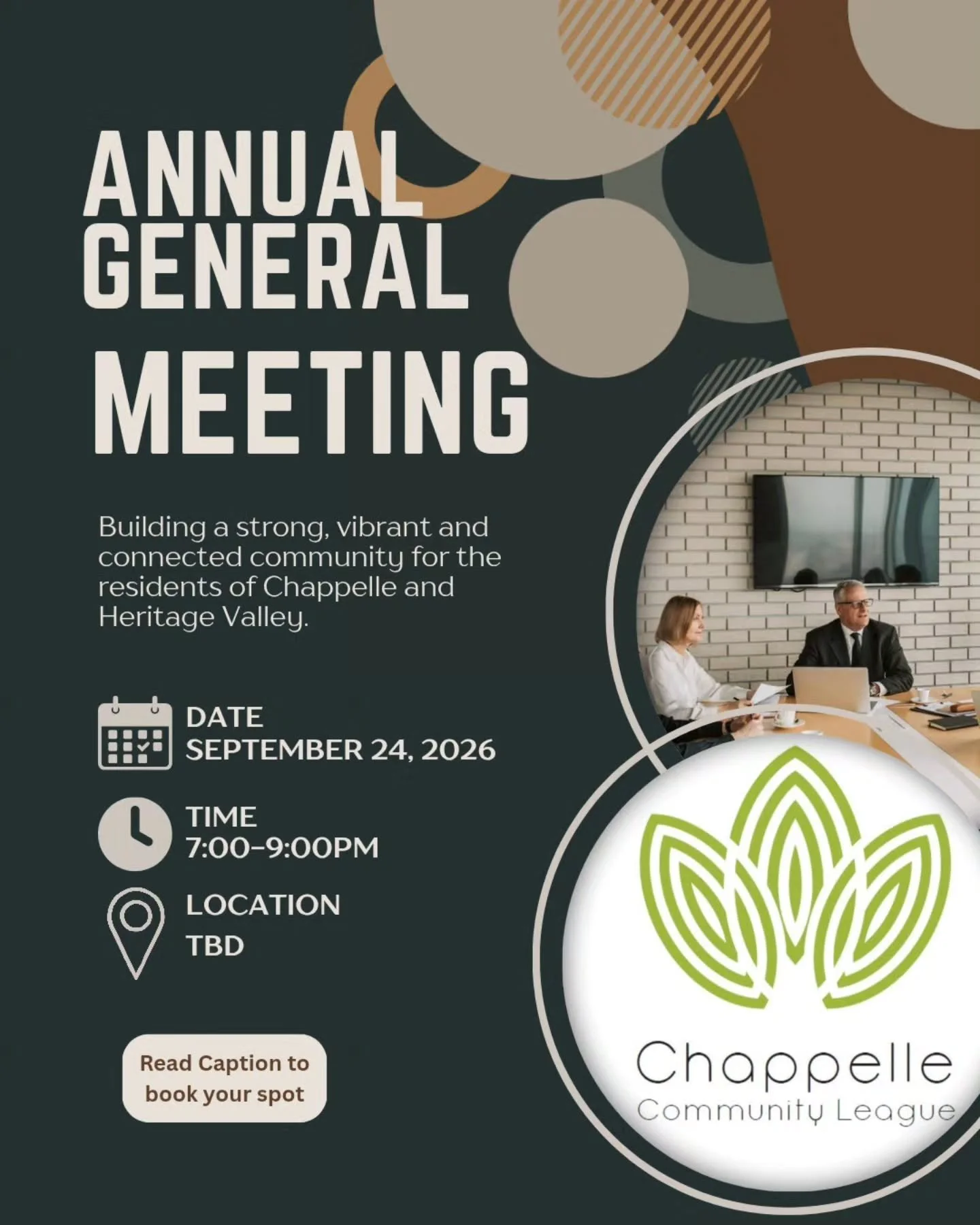 🏡 SAVE THE DATE: CHAPPELLE COMMUNITY LEAGUE AGM 2026!

Your community. Your voice. Your opportunity to get involved. 💚

Join us for our Annual General Meeting on:

📅 September 24, 2026
🕖 7:00&ndash;9:00 PM
📍 Location: To be announced

The AGM is