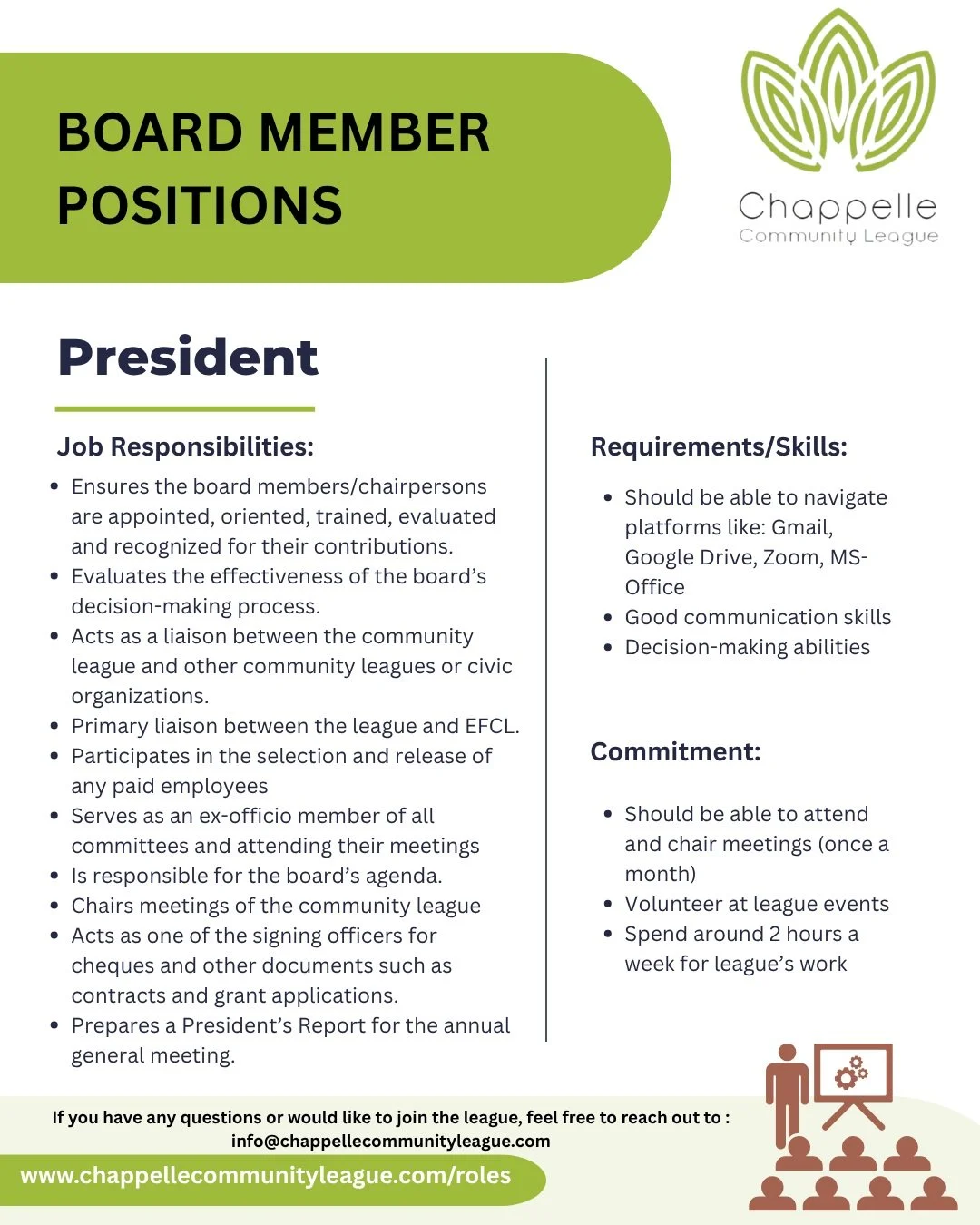 📣 WE&rsquo;RE LOOKING FOR NEW BOARD MEMBERS!

Want to make a difference in our community? Now is your chance to get involved!

The Chappelle Community League is looking for passionate volunteers to join our Board and help shape the future of our com