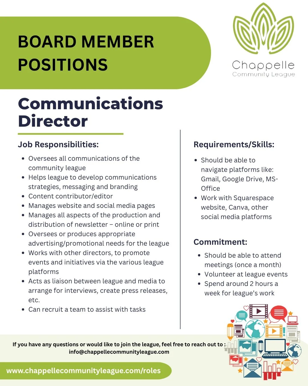 📣 WE&rsquo;RE LOOKING FOR NEW BOARD MEMBERS!

Want to make a difference in our community? Now is your chance to get involved!

The Chappelle Community League is looking for passionate volunteers to join our Board and help shape the future of our com