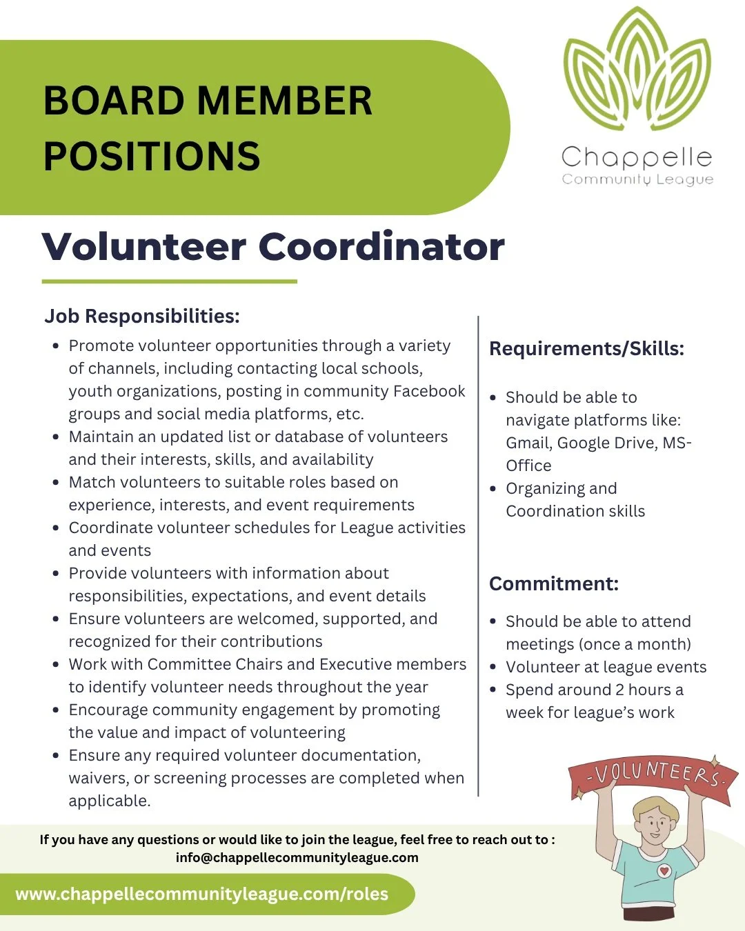 📣 WE&rsquo;RE LOOKING FOR NEW BOARD MEMBERS!

Want to make a difference in our community? Now is your chance to get involved!

The Chappelle Community League is looking for passionate volunteers to join our Board and help shape the future of our com