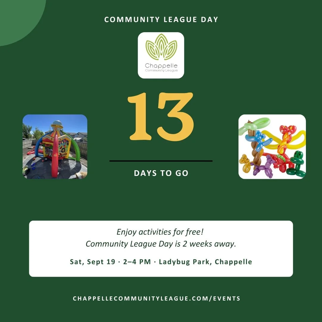 🎉 COMMUNITY LEAGUE DAY: PICNIC IN THE PARK! 🎉

Join us for a fun-filled afternoon with your Chappelle neighbours, friends, and family! 

📅 Saturday, September 19
🕑 2:00&ndash;4:00 PM
📍 Ladybug Park &ndash; Chappelle Rd SW &amp; Cardinal Rd SW

✨