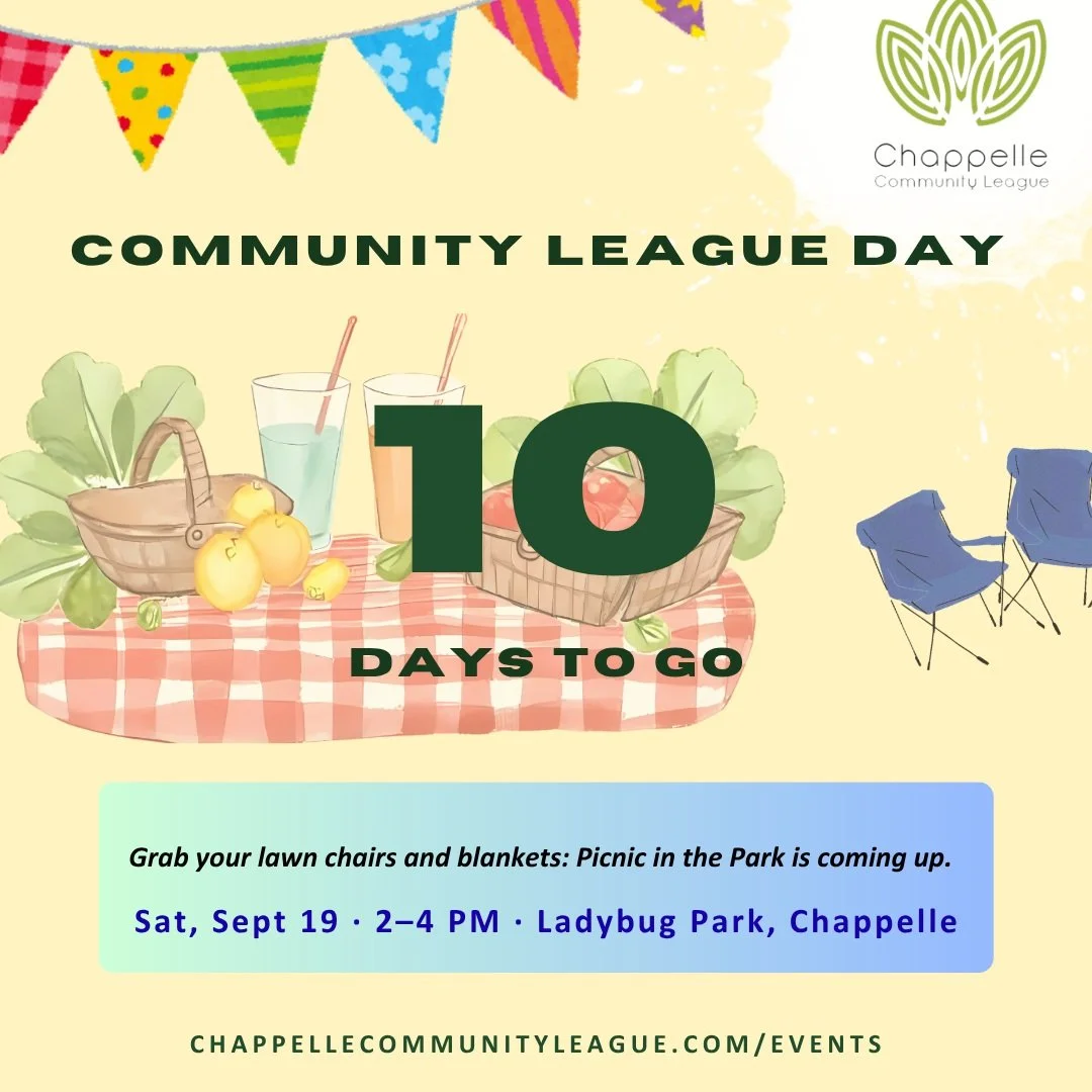 🎉 COMMUNITY LEAGUE DAY: PICNIC IN THE PARK! 🎉

Join us for a fun-filled afternoon with your Chappelle neighbours, friends, and family! 

📅 Saturday, September 19
🕑 2:00&ndash;4:00 PM
📍 Ladybug Park &ndash; Chappelle Rd SW &amp; Cardinal Rd SW

✨