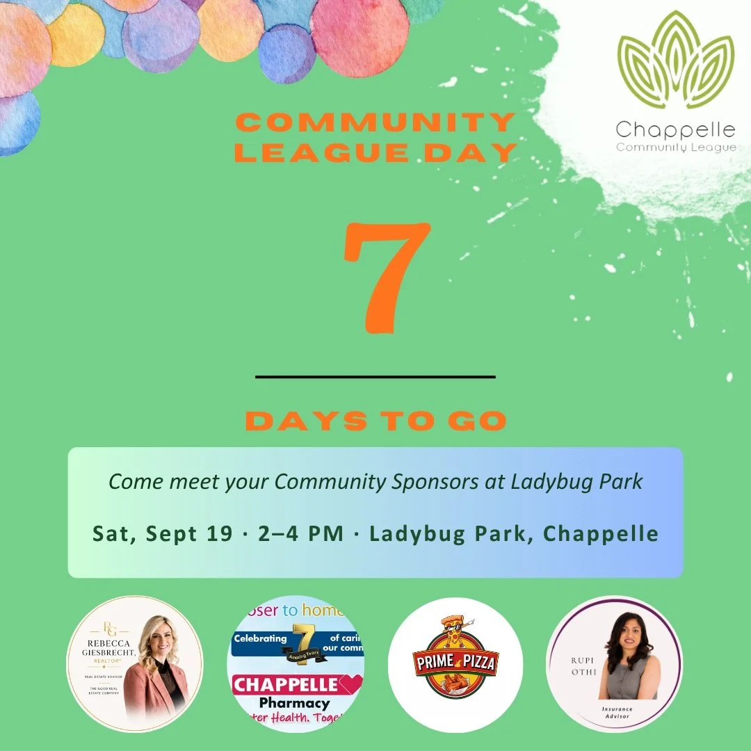 🎉 COMMUNITY LEAGUE DAY! 🎉

Join us for a fun-filled afternoon with your Chappelle sponsors, neighbours, friends, and family! 

📅 Saturday, September 19
🕑 2:00&ndash;4:00 PM
📍 Ladybug Park &ndash; Chappelle Rd SW &amp; Cardinal Rd SW

✨ FREE FAMI