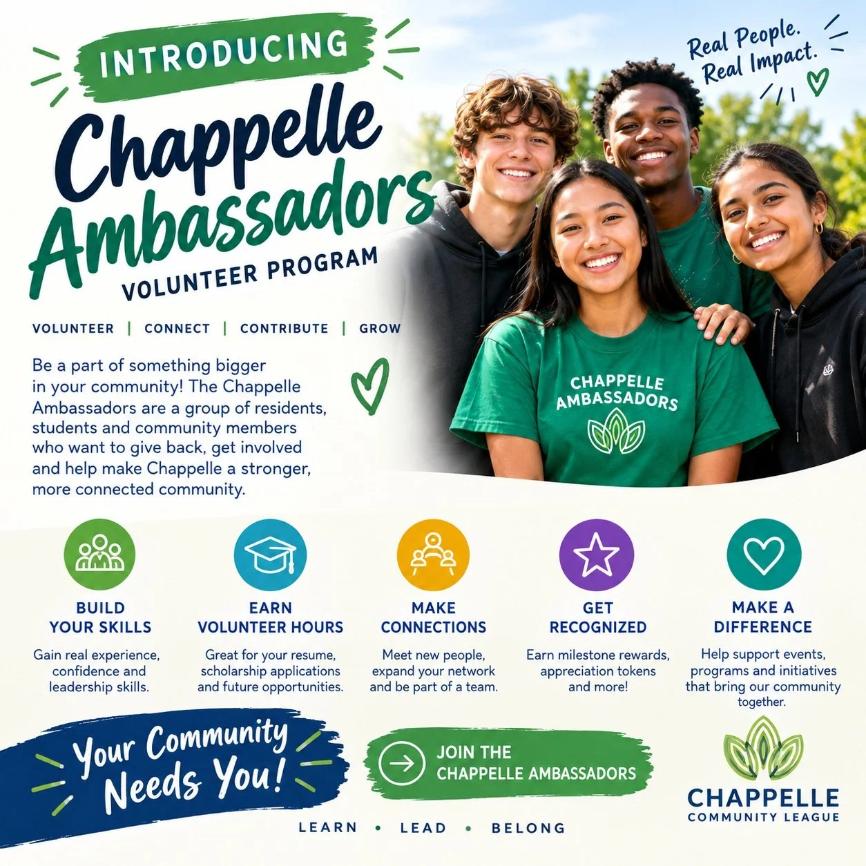 🌟 Introducing the Chappelle Ambassadors! 🌟

Your time. Your skills. Your community. 

We&rsquo;re excited to introduce Chappelle Ambassadors, CCL&rsquo;s volunteer program for residents and students who want to get involved, build skills, make conn