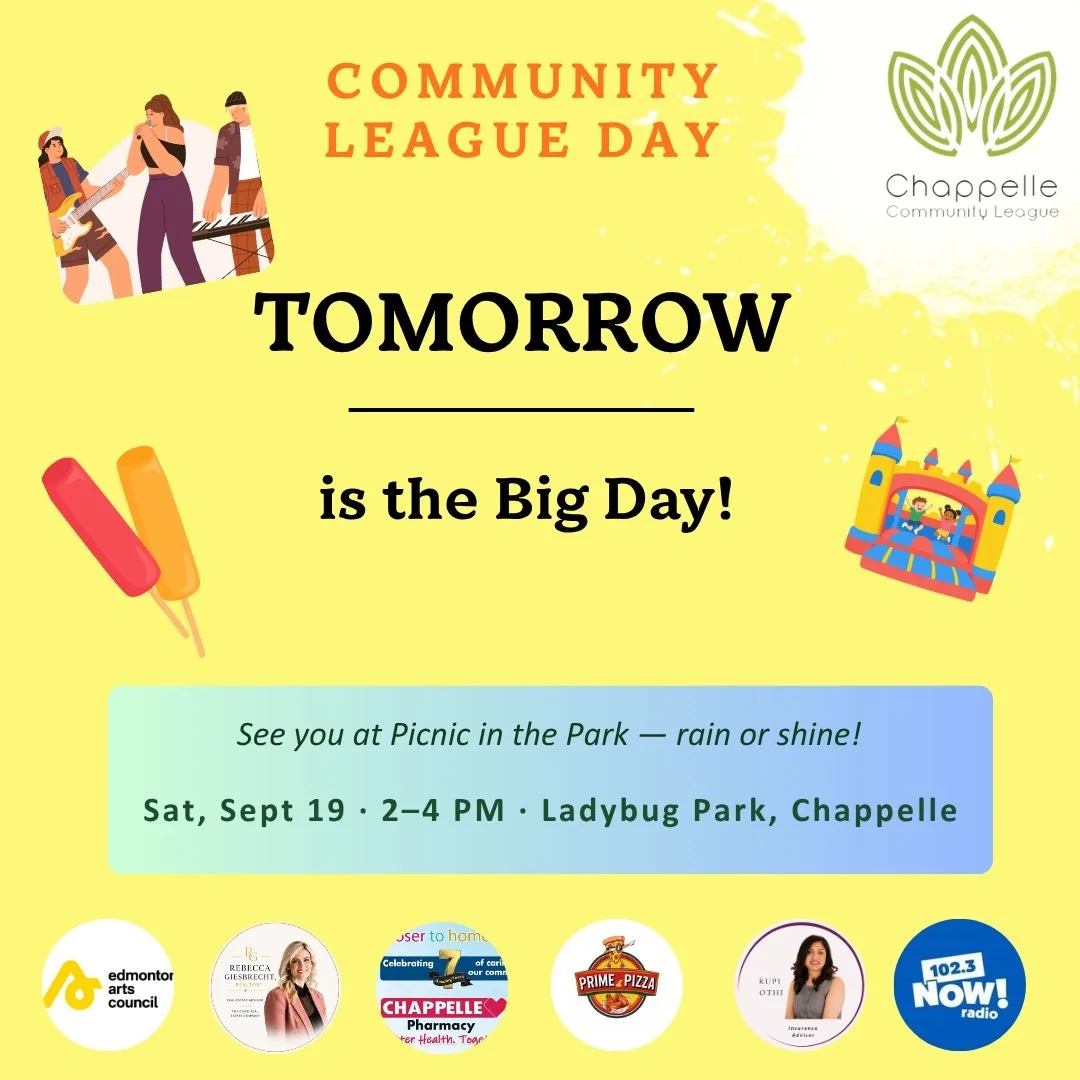 🎉 COMMUNITY LEAGUE DAY: PICNIC IN THE PARK! 🎉

Join us for a fun-filled afternoon with your Chappelle neighbours, friends, and family! 

📅 Saturday, September 19
🕑 2:00&ndash;4:00 PM
📍 Ladybug Park &ndash; Chappelle Rd SW &amp; Cardinal Rd SW

✨