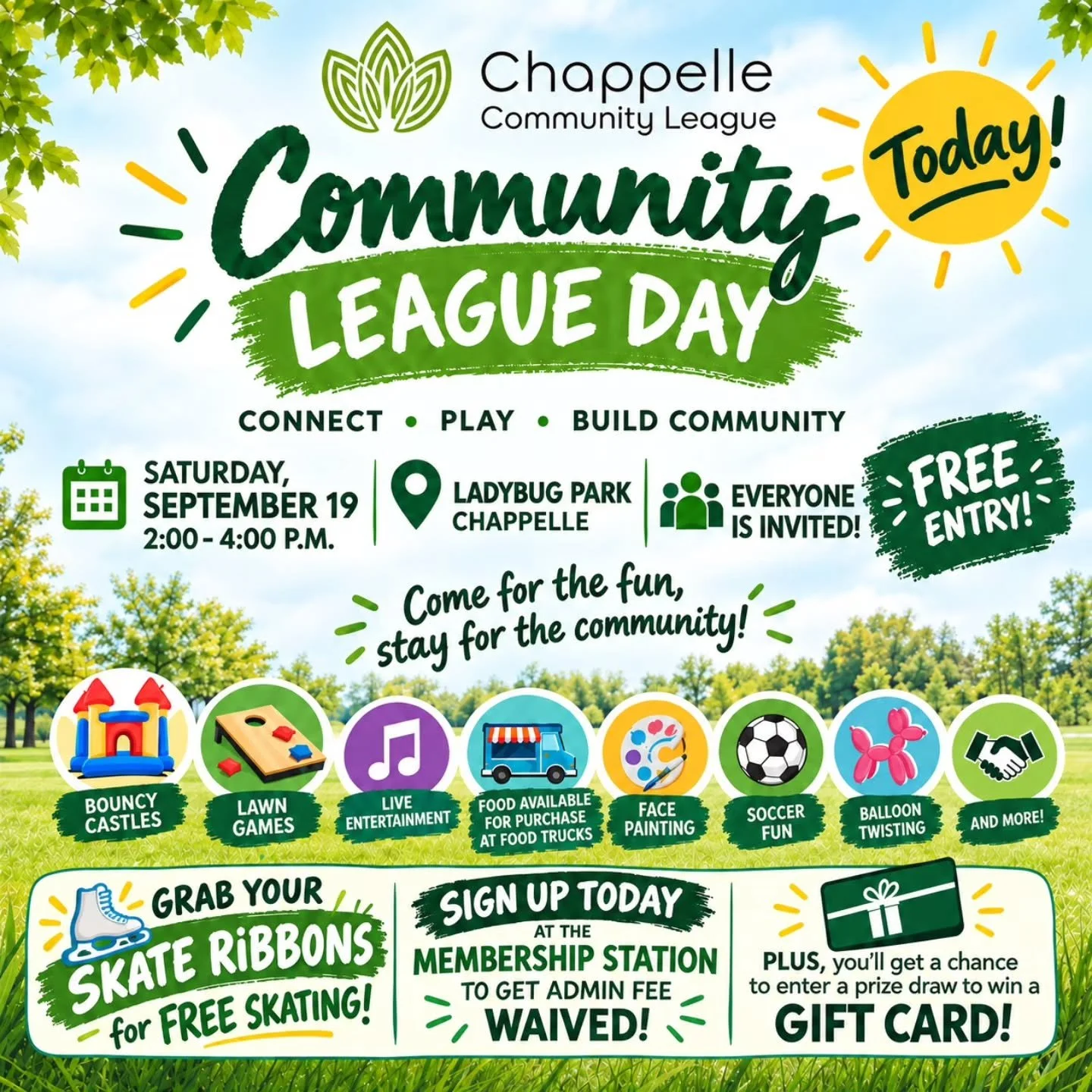 Come Join us TODAY!!
Come enjoy an afternoon of FREE family fun at Community League Day! 🎶🏰⚽🎨🎈🍦

✨ Live music &amp; performers
🏰 Bouncy castles &amp; lawn games
🎨 Face painting &amp; balloon twisting
🍦 FREE popsicles
🍔 Food trucks- food avai