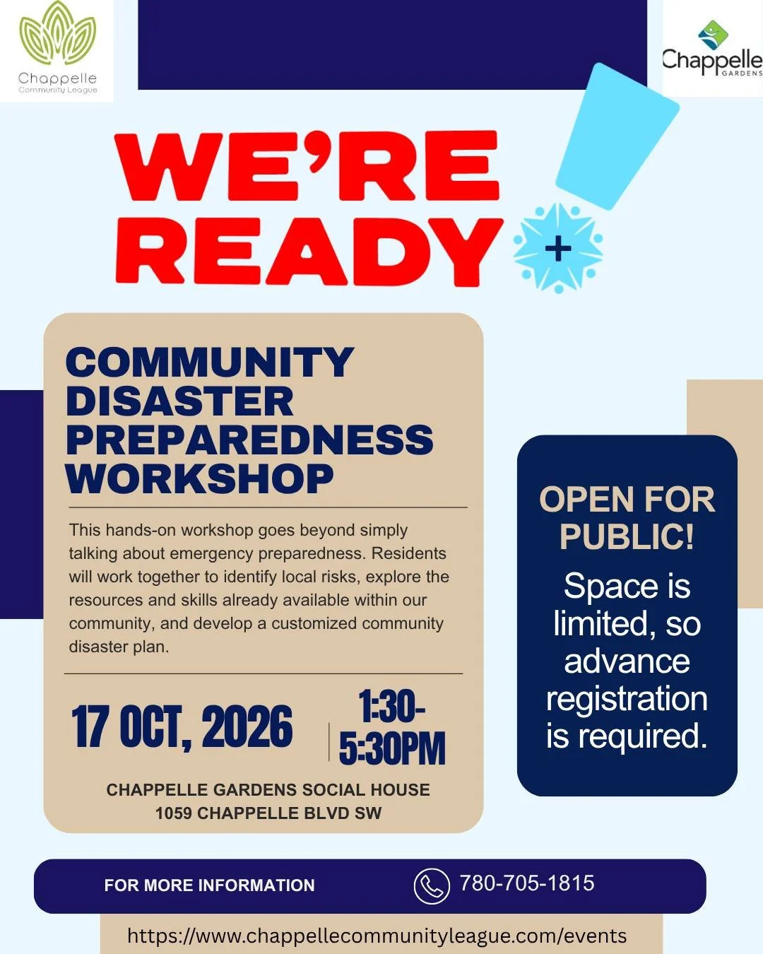 What would happen if an emergency affected our community? Would we know how to communicate, where to go, and how to help one another?

Join us for We&rsquo;re Ready, an interactive community disaster preparedness workshop presented in collaboration w