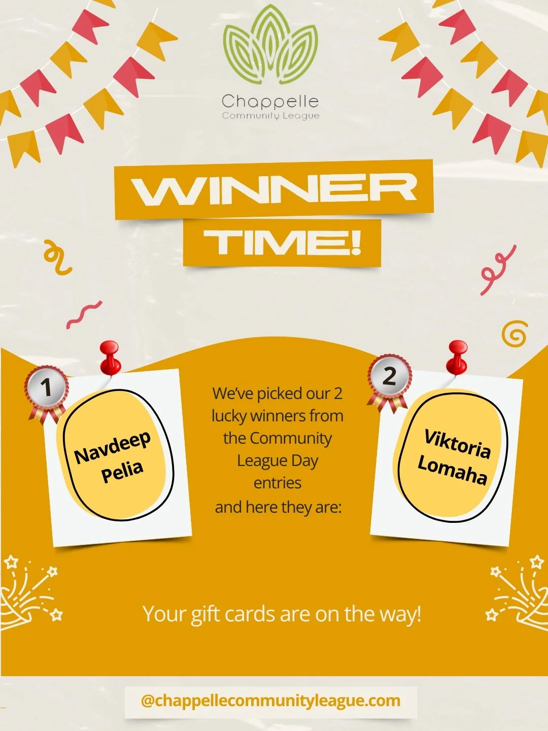 🎉 Congratulations to our Community League Day Lucky Winners! 🎉

A big congratulations to Navdeep Pelia and Viktoria Lomaha! 🥳

Both winners will receive a $50 gift card to a local restaurant! 🍽️🎁

Thank you to everyone who joined us for Communit