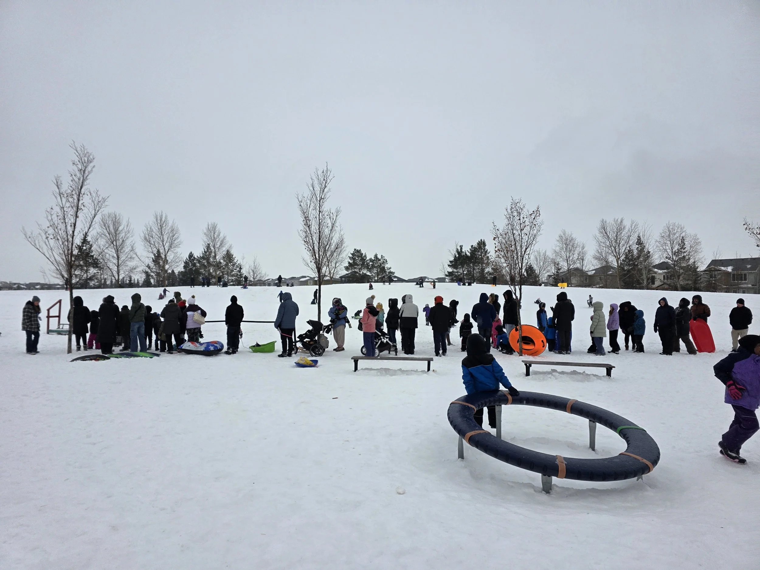 People gathered at a snow-covered park, some with sleds and jackets, watching a snowy hill, with trees and houses in the background.