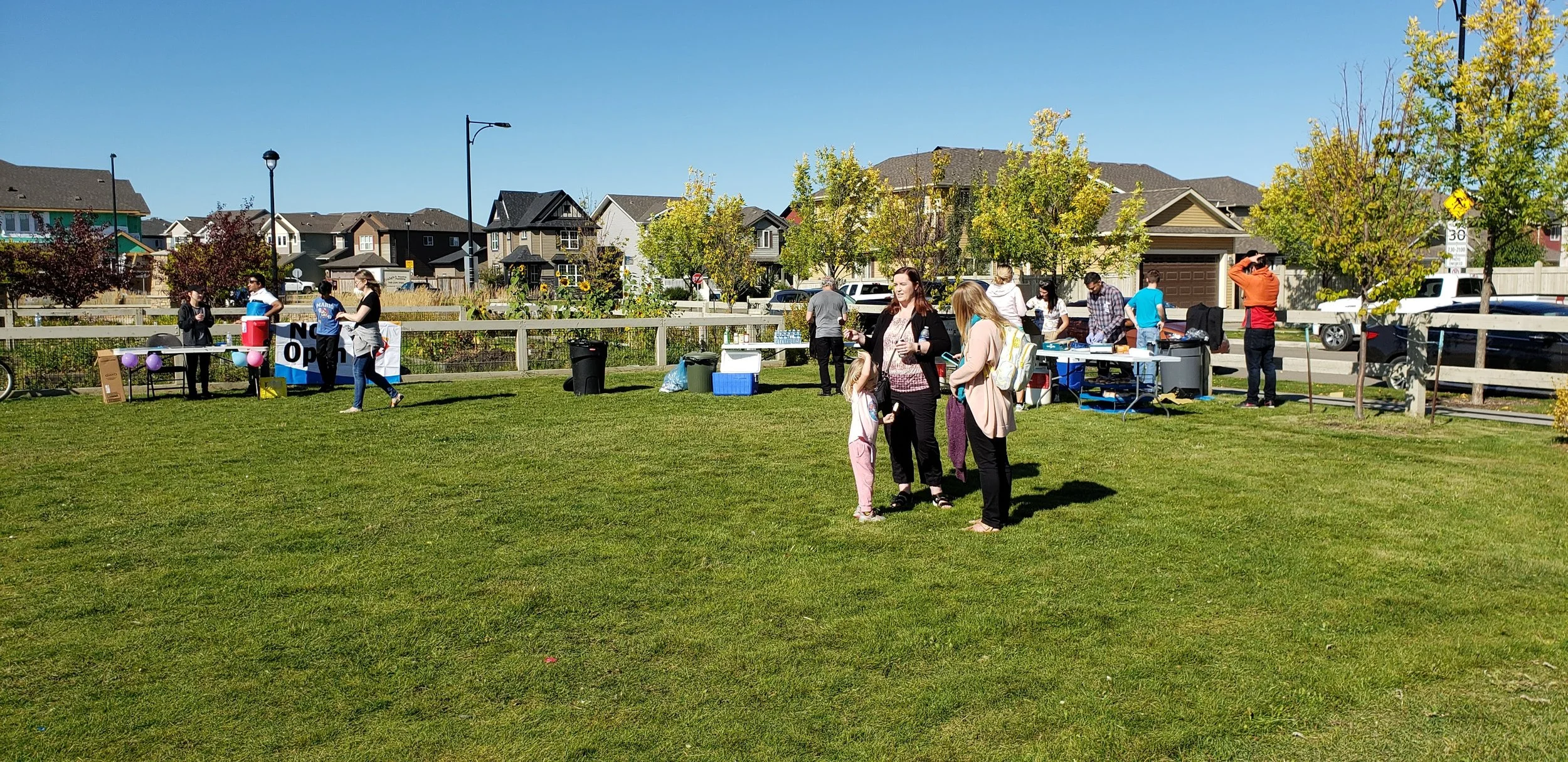 People at an outdoor community event with tables, a banner, and balloons on a grassy field, residential houses and trees in the background.