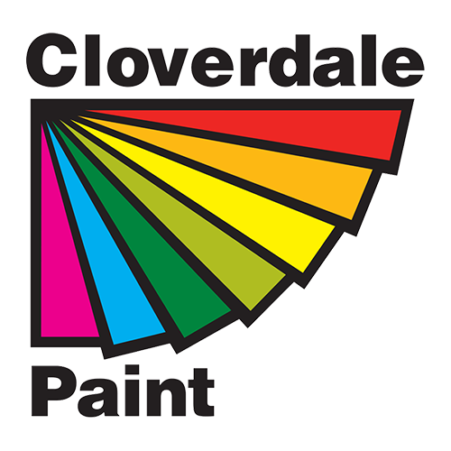 Cloverdale Paint logo with colorful fan design and black text on a black background.