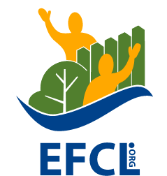 Illustration of two people waving, surrounded by trees and a city skyline, with a water wave at the bottom and the text 'EFCL'.