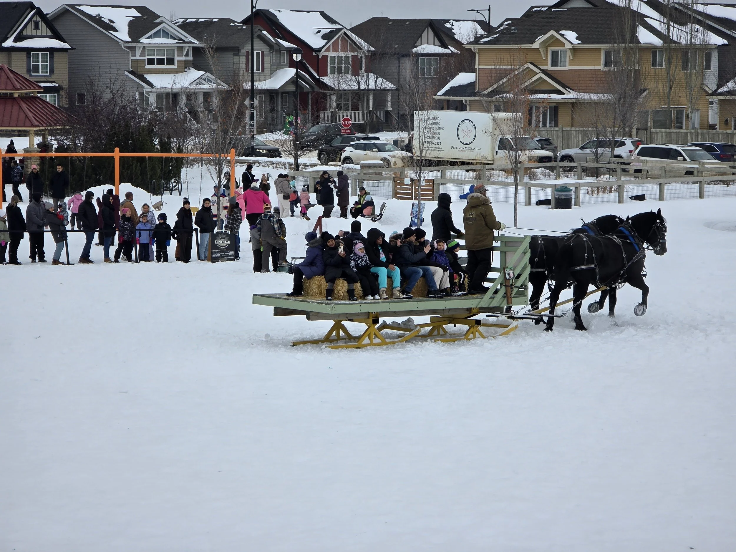 People riding a horse-drawn carriage on snow in a neighborhood park, with a line of people waiting in the background.