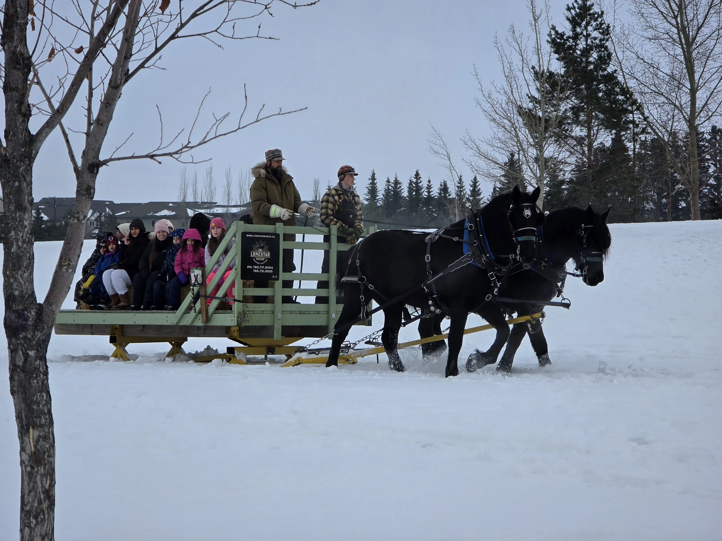 A horse-drawn sleigh with children and two adults riding in a snowy landscape, with trees and buildings in the background.