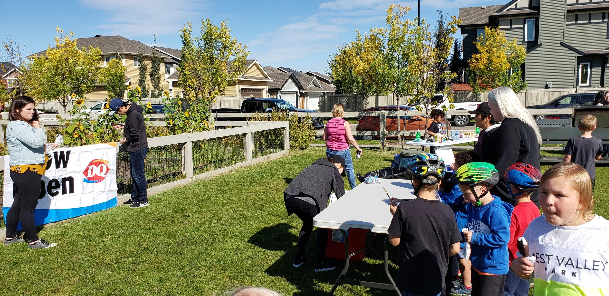 A community outdoor event with children and adults gathered on a grassy area, some wearing helmets, near a table with snacks and drinks, and a person arranging an activity near a fence with sunflowers and trees in the background.