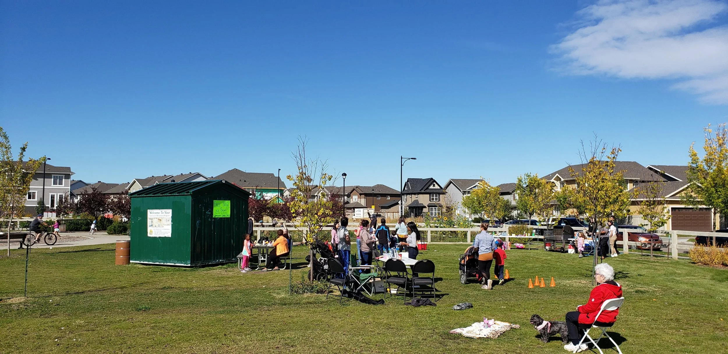 Community outdoor gathering in a park with people, trees, a green shed, and houses in the background on a sunny day.