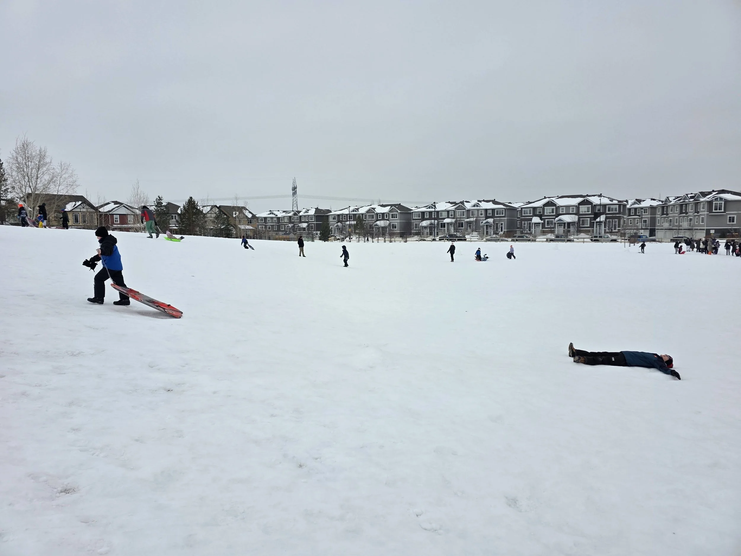 People enjoying winter activities on a snowy hillside, with some walking, sledding, and one person lying on the snow, against a background of residential houses on a cloudy day.
