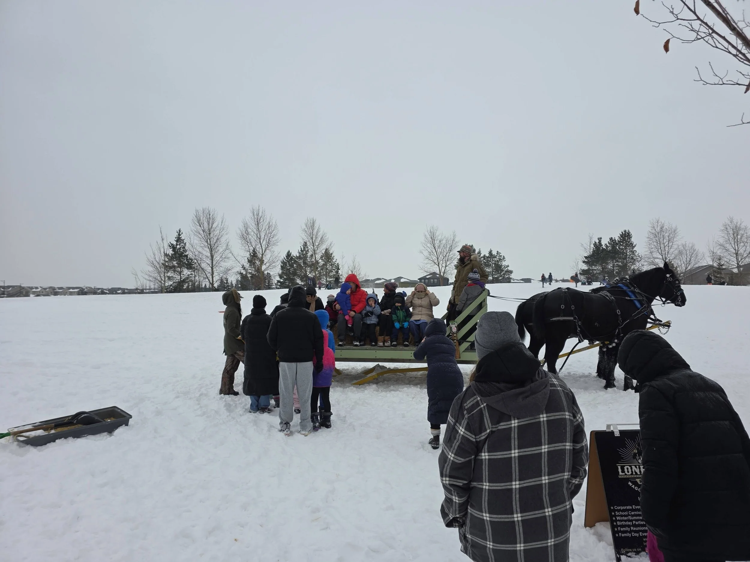People gathered around a horse-drawn sleigh in a snowy field on a cloudy day.
