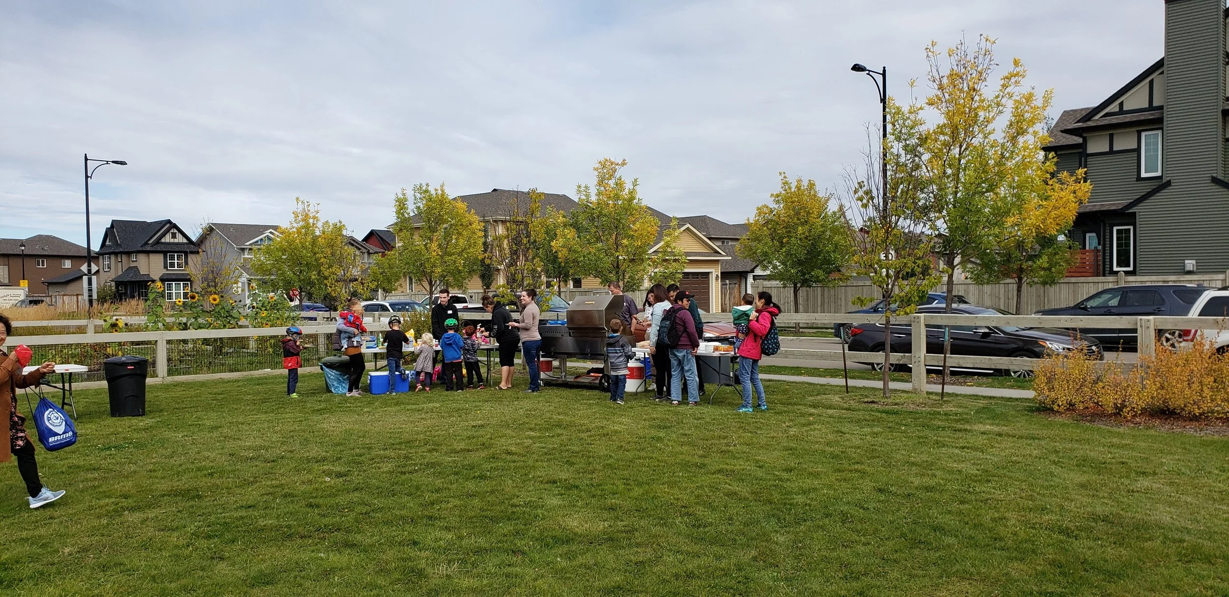 Children and adults gather around barbecue grills and tables in a park for a community event or picnic on a cloudy day, with trees, residential houses, parked cars, and street lamps in the background.