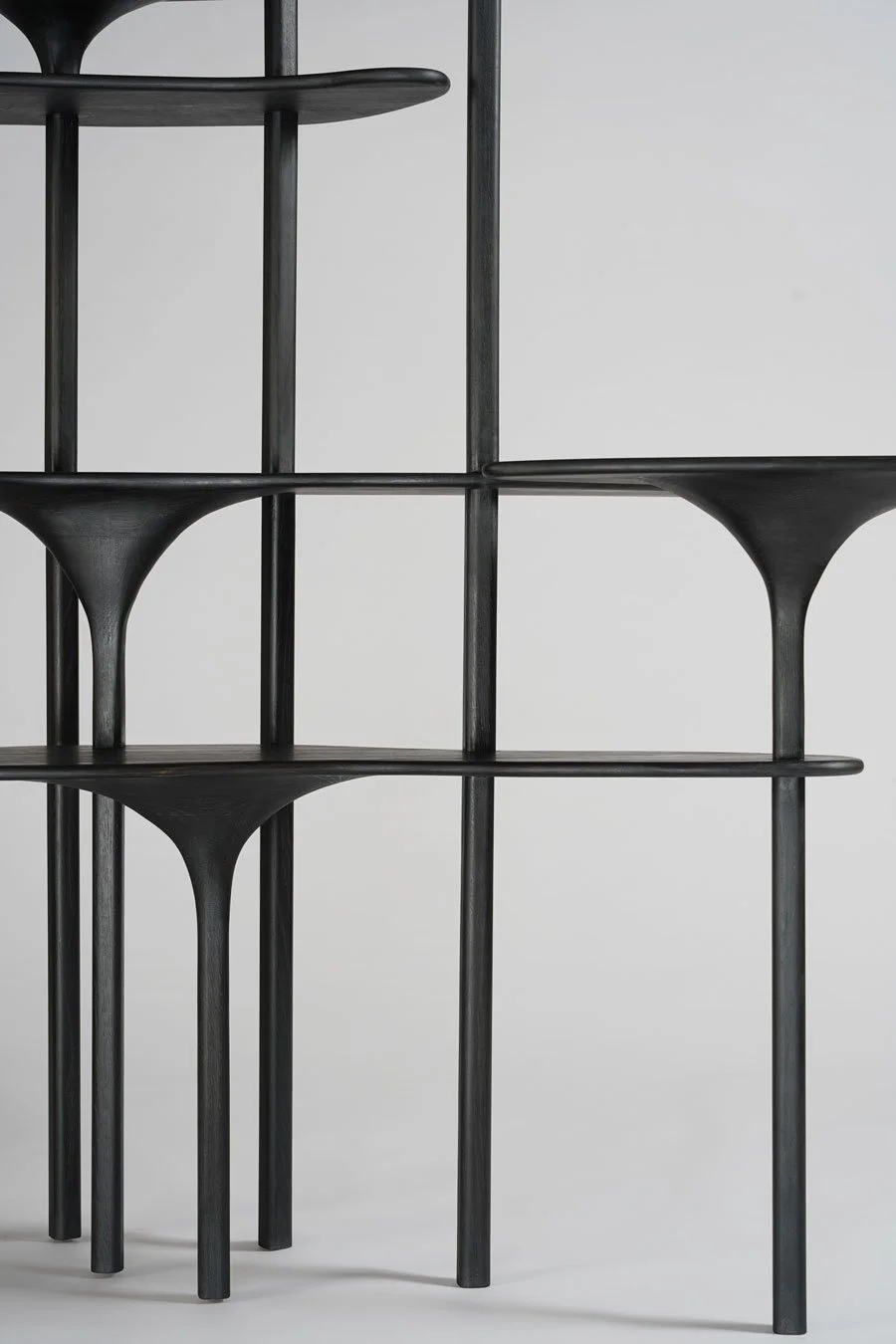 Structure de meubles en bois teinté avec des supports coniques, contre un mur blanc