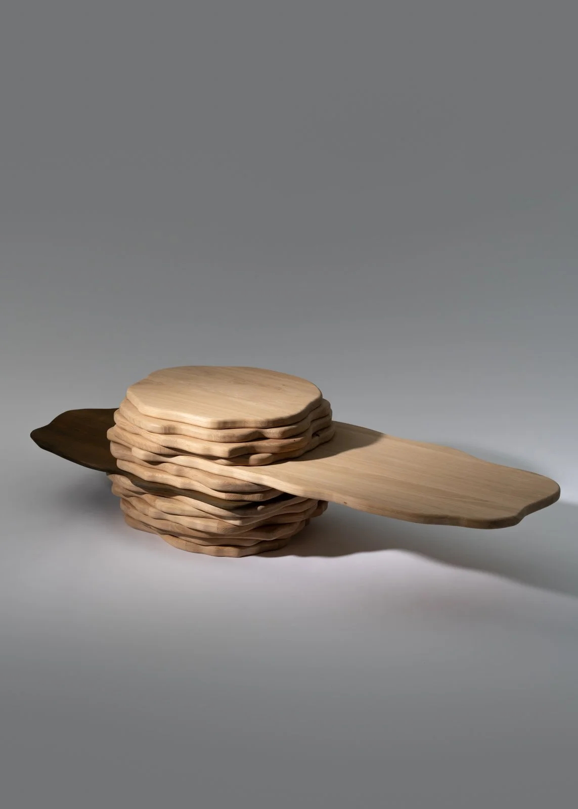Une table basse en chêne massif de différentes formes et couleurs, avec une planche s'étendant horizontalement.