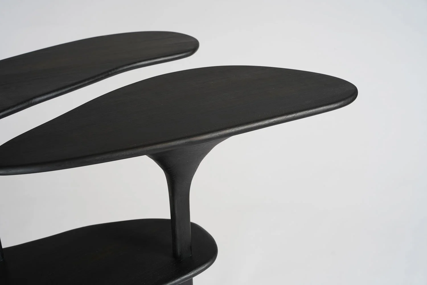 Une étagère ou une structure en bois noir avec plusieurs niveaux, contre un fond gris clair.