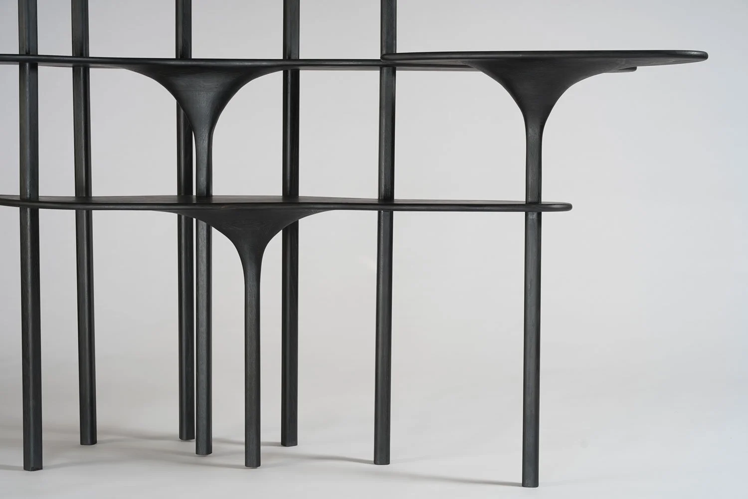 Mobilier en bois noir avec un design moderne et minimaliste, comprenant des surfaces plates soutenues par des jambes épaisses naturelles