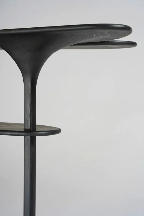 Prise de vue latérale d'une structure de meuble en bois noir avec plusieurs plateformes rondes, contre un fond blanc.