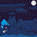Pixel art of an offsetting vibe for Halloween and horror fans of the woods at night time.