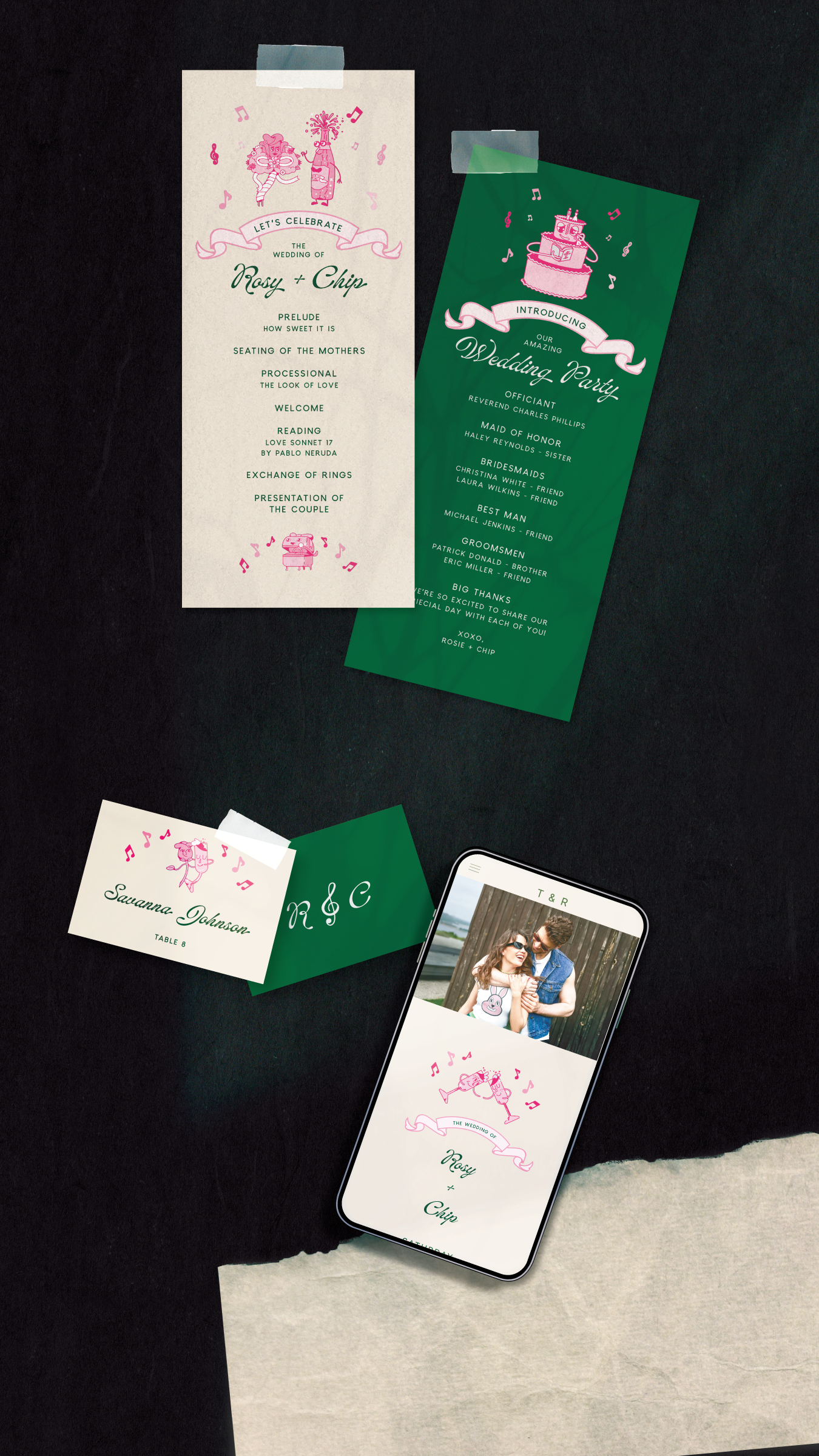 Day-Of Designs: Beyond the core invitation suite and secondary buildout items, this project extended into a day-of stationery and digital experience, featuring custom-designed wedding programs, place cards, and a matching wedding website.


