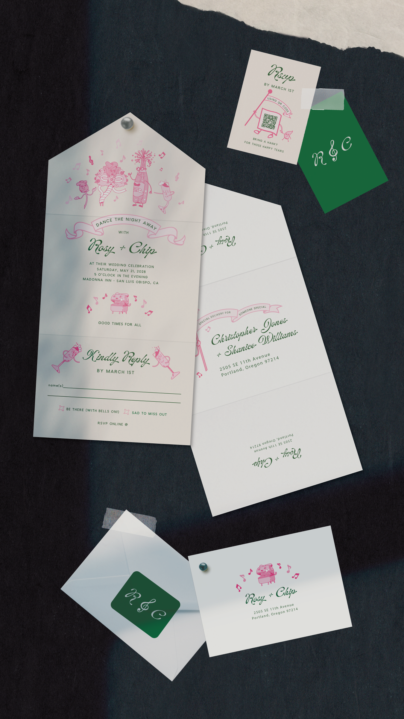 Each wedding collection for The Knot features a core design suite—including the invitation, RSVP card, details card, envelope, and envelope liner—alongside a secondary buildout collection tailored to specific project needs. For the Whimsical Retro Ca