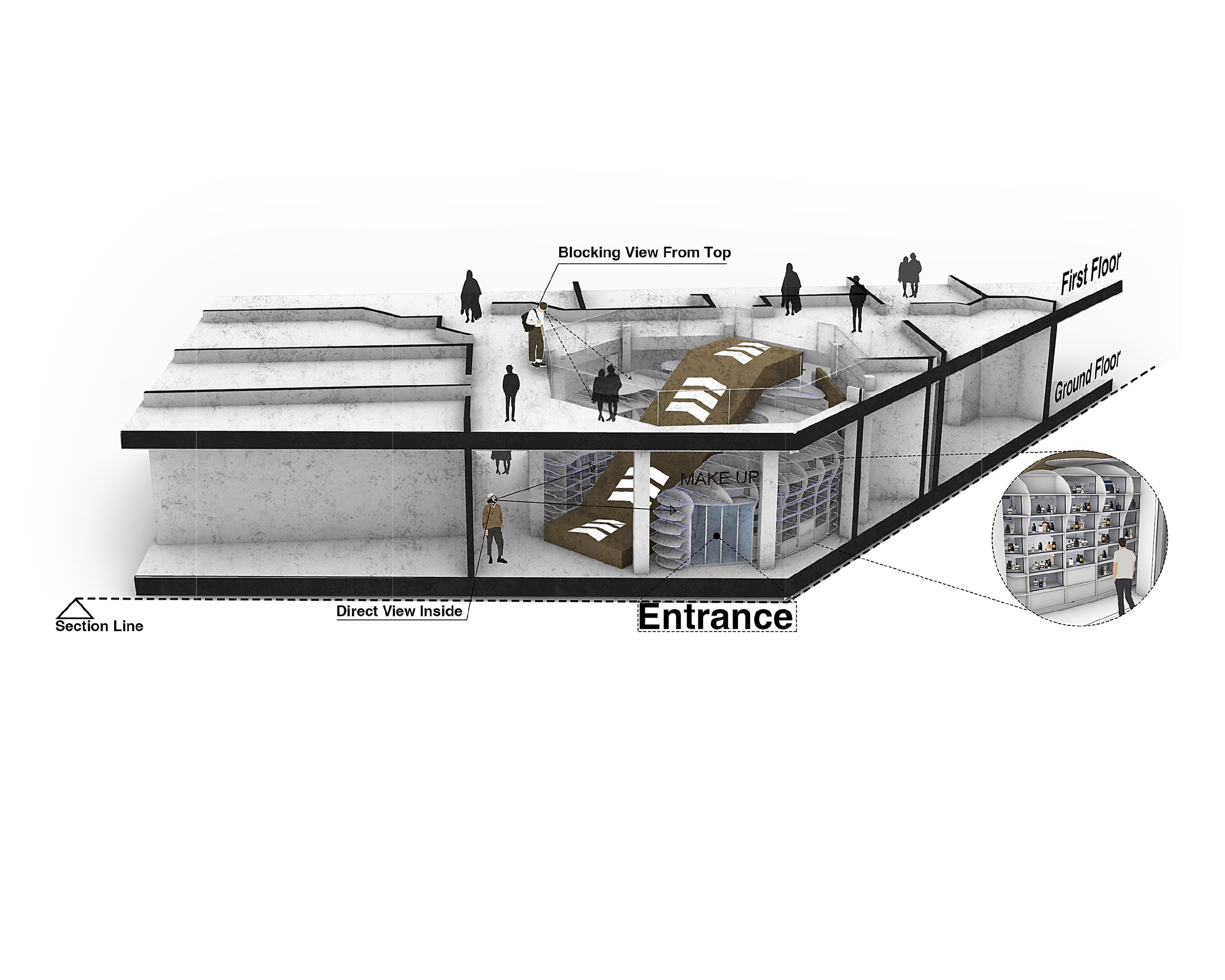 The client of the project was the owner of a mall and the goal was to turn an undesirable space (below the staircase) into a usable space with a commercial added value.