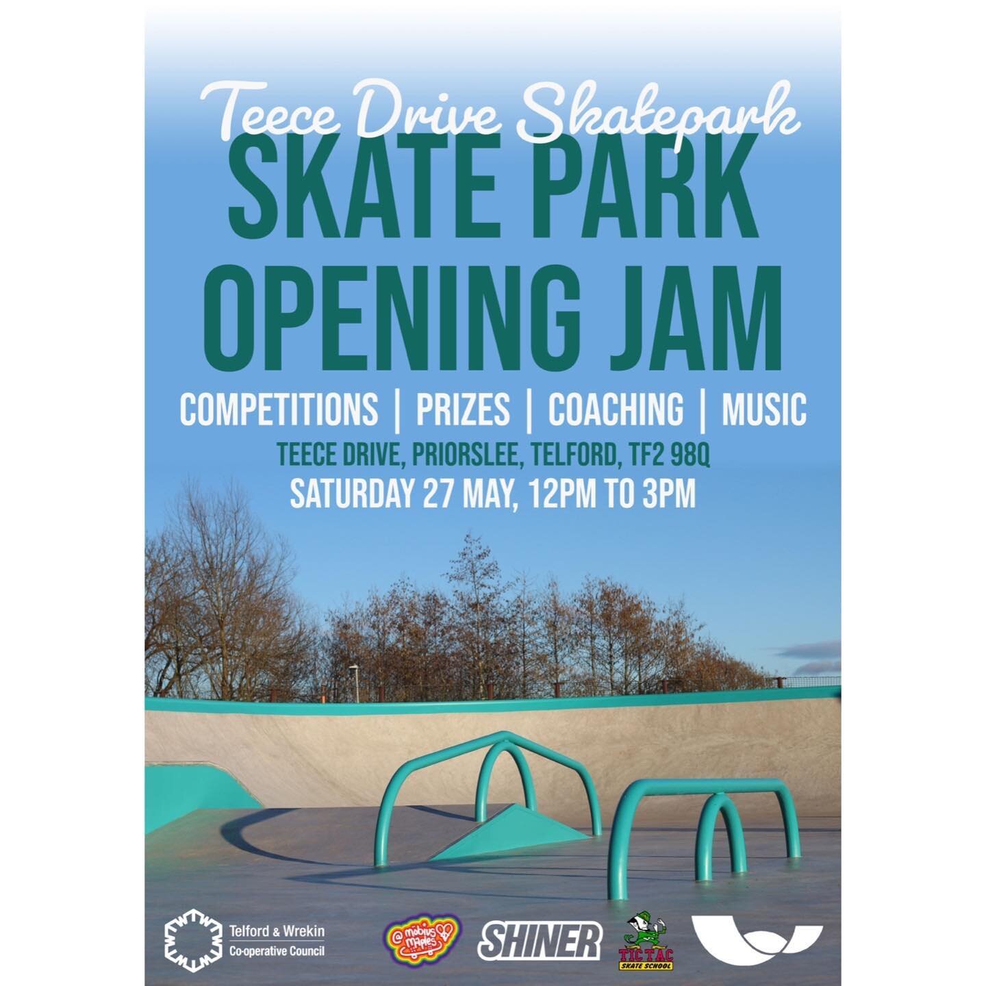 #TeeceDriveSkatepark Official Opening Jam is taking place on Saturday 27th May from 12:00-3:00pm 🎉 Teece Drive, Priorslee, Telford, TF2 9Q8 &bull;
&bull;
&bull; 
#wheelscape #wheelscapeltd #wheelscapeskateparks #socialspaces #getactive #skateparkdes