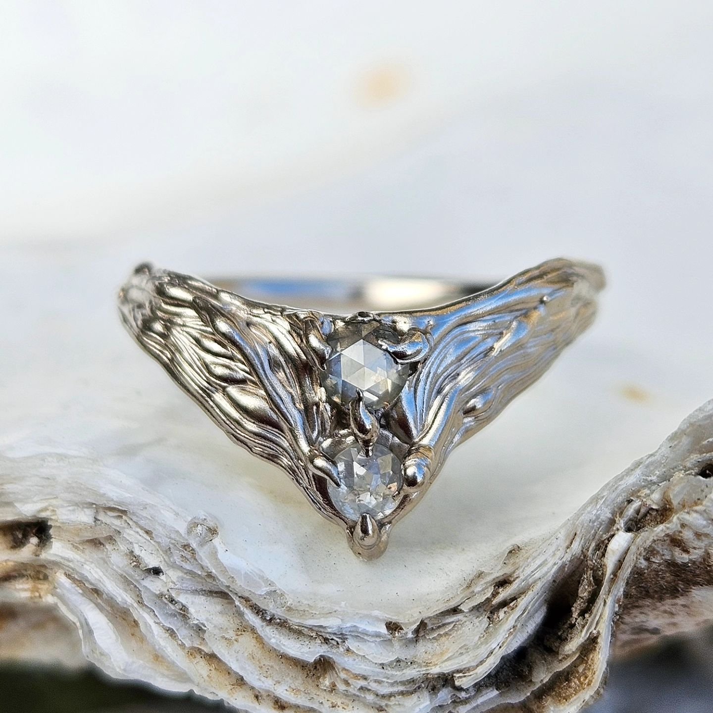 Loved making this bespoke Chevron Flow Ring based on one of the pieces from our new collection // carved &amp; cast in 14ct white gold &amp; set with rose cut diamonds 
#alternativebride #futureheirloom #lovegold #lovegoldlive #oceantreasure #ringsof