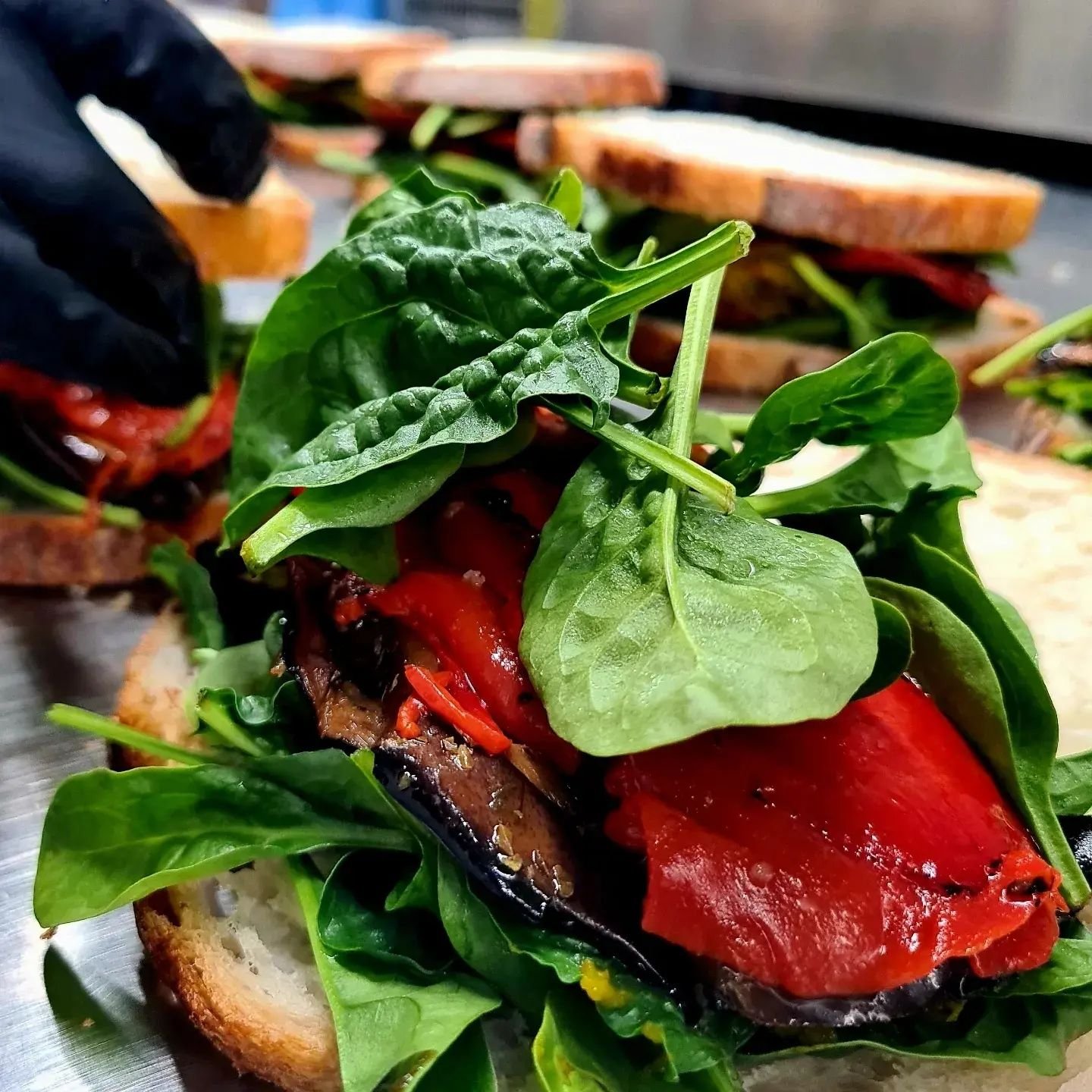 Our fully loaded Toasted Roasted Vegetarian Sandwich! Eggplant, pumpkin,  capsicum, baby spinach, nut free pesto, vegan aoili, all toasted on house-made sourdough bread (gluten-free option available). 

#vegetariansandwich #toastie #toastedsandwich #