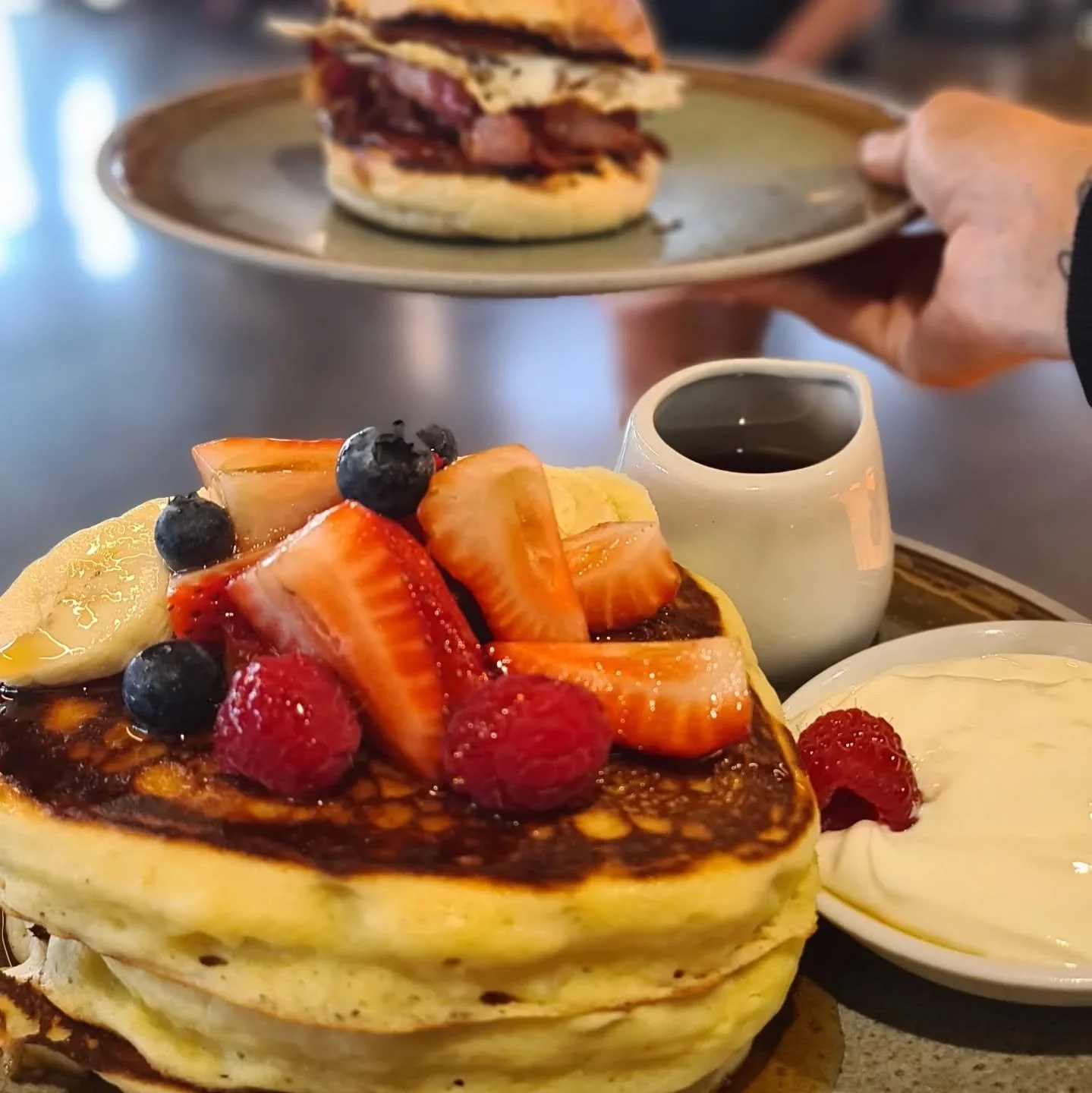 A simple but tasty Sunday morning breakfast order at The Artisan Farmer. Pancake symmetry. Come &amp; get it!

#pancakes #breakfast #theartisanfarmernabiac #nabiac #forstertuncurry #taree #barringtoncoast #cafe
