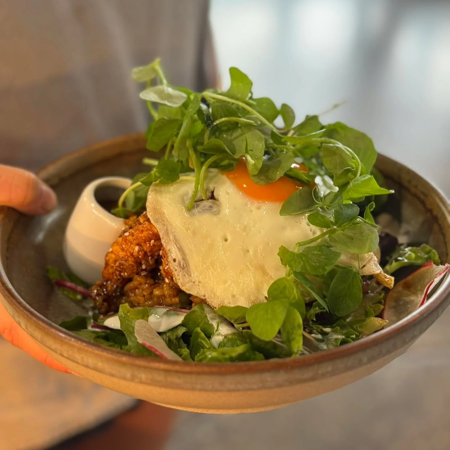Our Artisan Nasi is gluten free, dairy free, and absolutely delicious! Enjoy our sticky chicken, rice, mesclun &amp; herb salad in a mild chilli sauce, topped with a fried egg.

#theartisanfarmernabiac #midnorthcoastnsw #barringtoncoast #nabiac #nasi