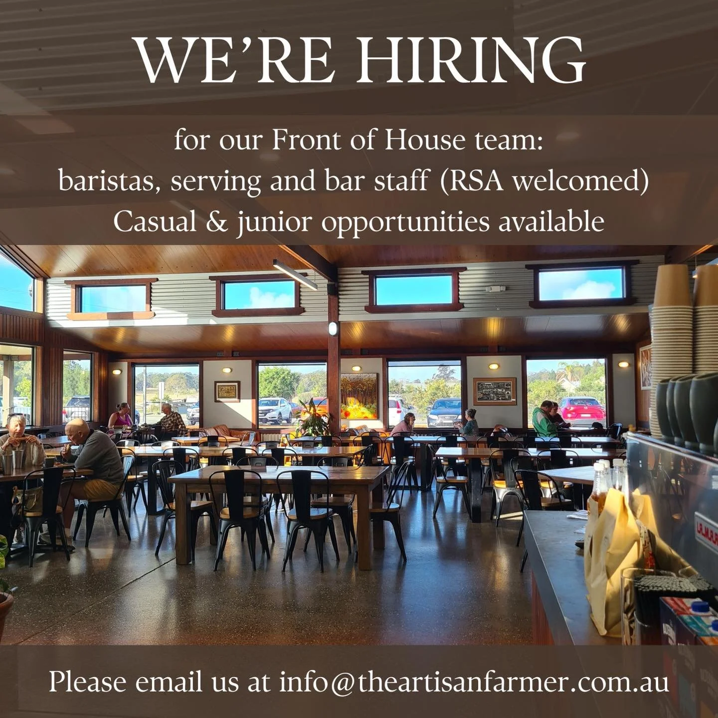 Looking to join a friendly, busy, front of house team in a prime location on the mid north coast? The Artisan Farmer at Nabiac would like to hear from you! Email us at info@theartisanfarmer.com.au.

#theartisanfarmernabiac #midnorthcoastnsw #barringt