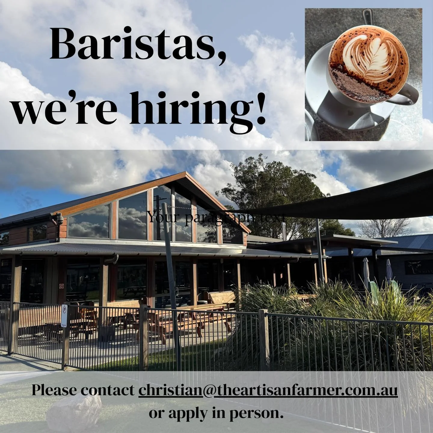 Calling all baristas! Passionate about the on-site roasting of our coffee bean blend and their many uses, our busy team here are seeking more assistance. If this is you, please get in touch!

#theartisanfarmernabiac #midnorthcoastnsw #barringtoncoast