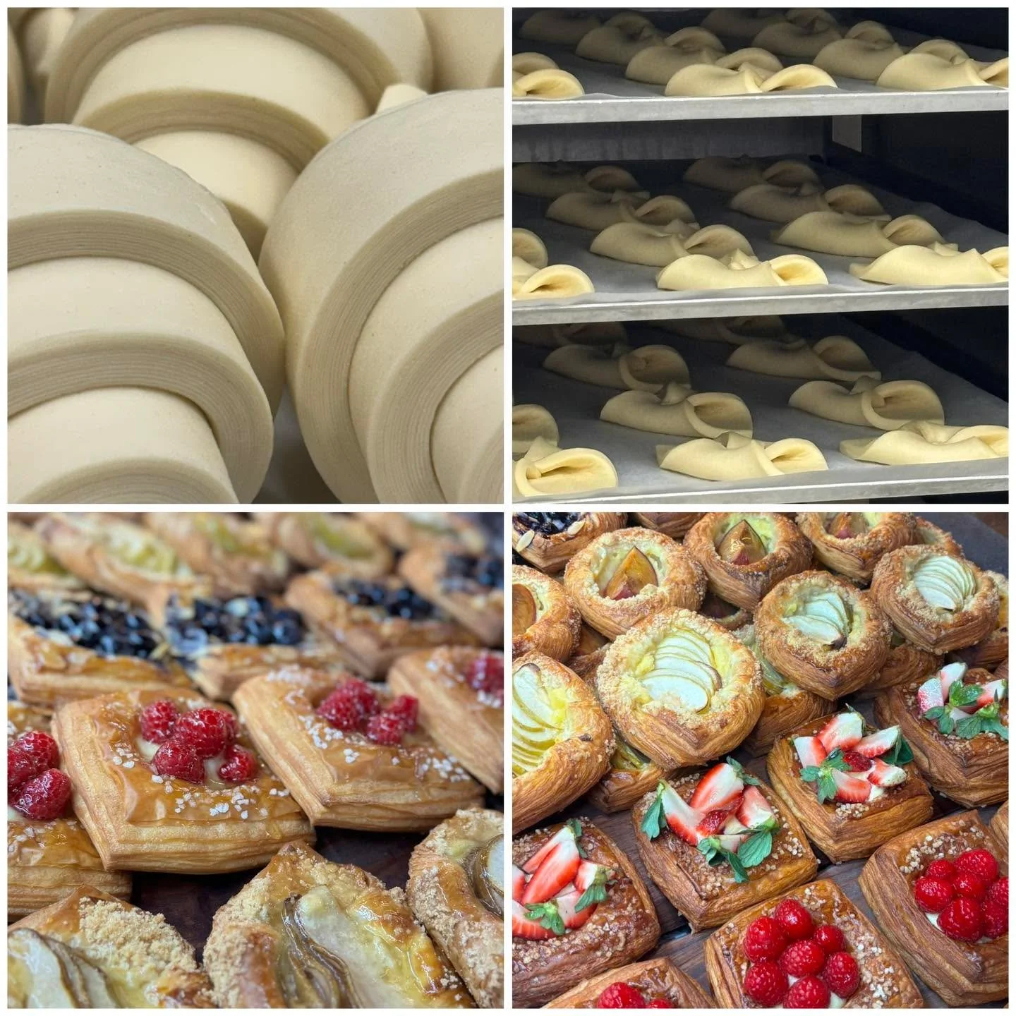 The pastry used to make croissants and danishes is a 2 day process, culminating in 72 &lsquo;laminated&rsquo; layers of dough and butter rolled &amp;  baked to create a light, flakey, airy honeycomb effect within. 
#theartisanfarmernabiac #midnorthco
